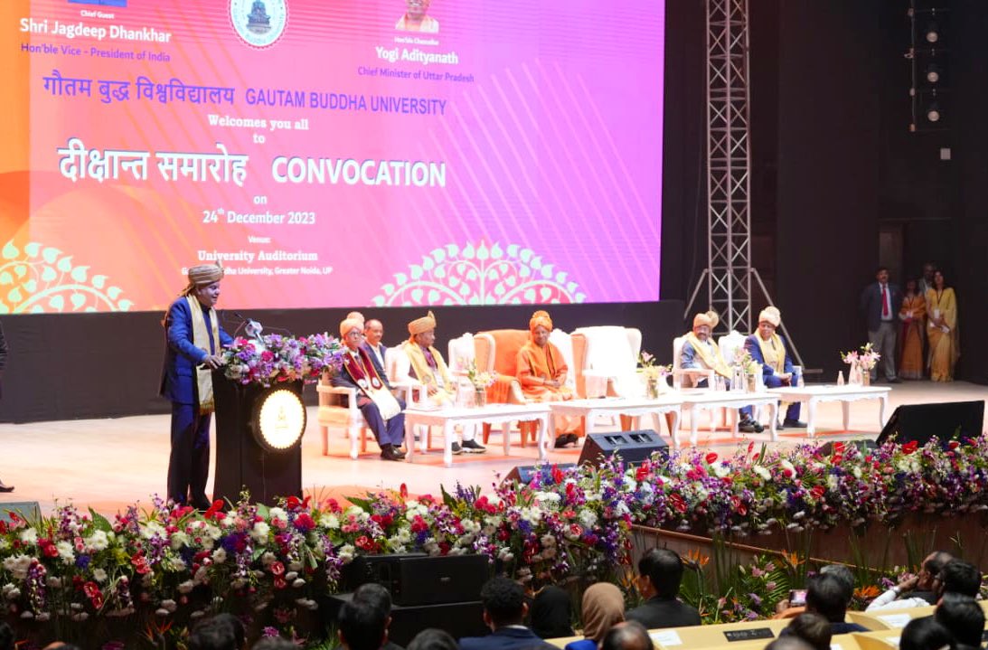 The Vice-President, Shri Jagdeep Dhankhar addressing the Convocation Ceremony-2023 of Gautam Buddha University in Greater Noida, Uttar Pradesh on December 24, 2023.