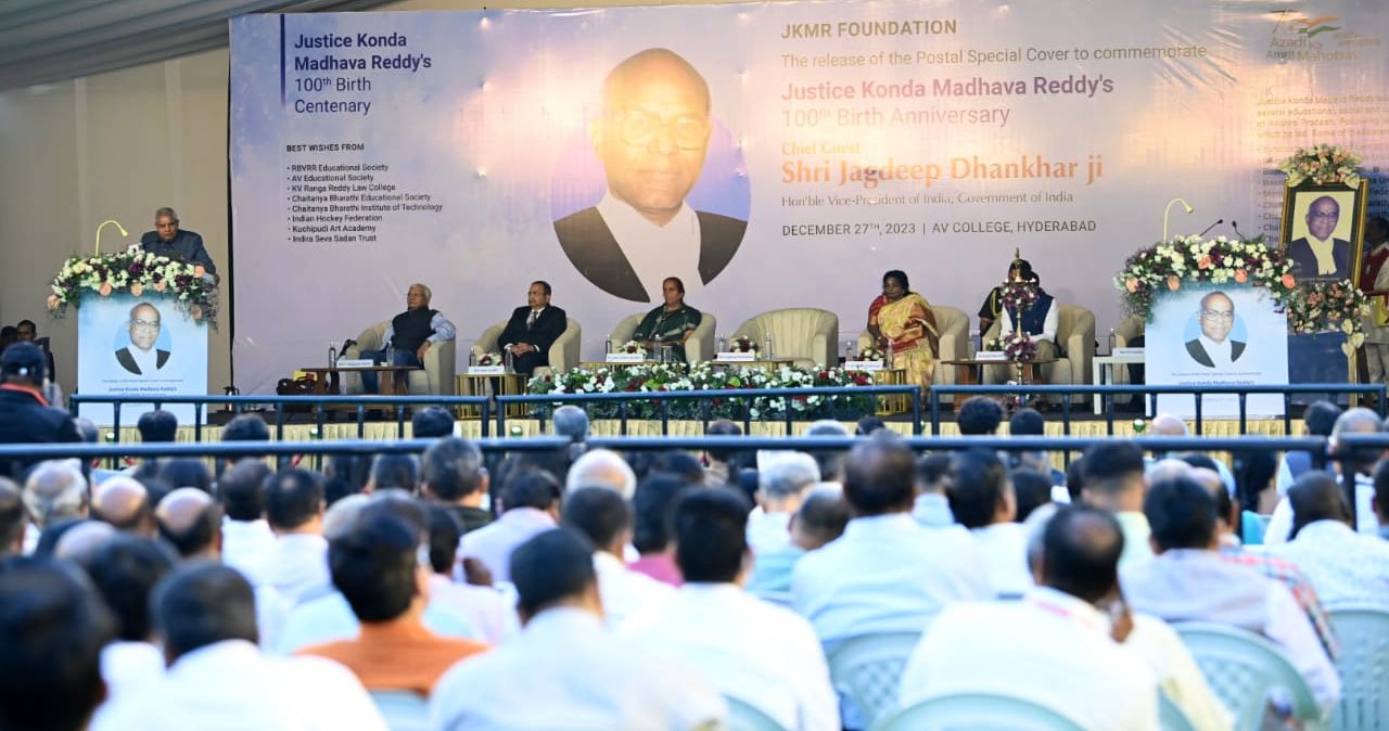 The Vice-President, Shri Jagdeep Dhankhar addressing the gathering on the occasion of 100th Birth Anniversary of Late Justice Konda Madhava Reddy at AV College in Hyderabad, Telangana on December 27, 2023.