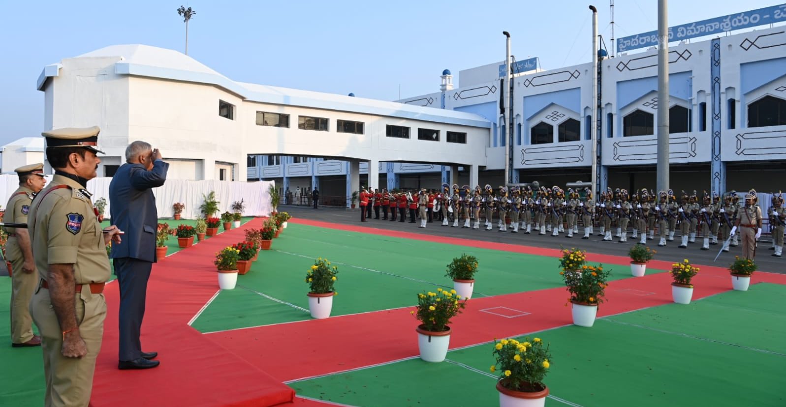 The Vice-President, Shri Jagdeep Dhankhar inspecting the Guard of Honour on his arrival in Hyderabad, Telangana on December 27, 2023.