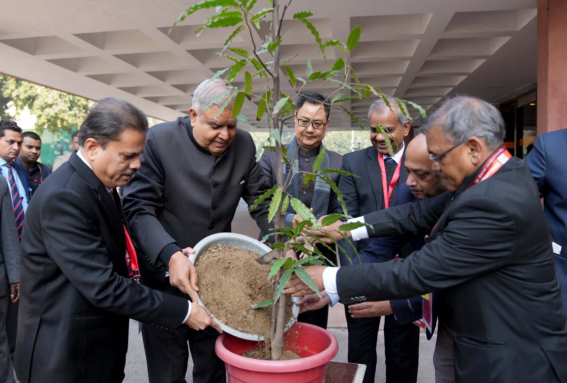 The Vice-President, Shri Jagdeep Dhankhar planting a sapling to mark 150 years of the India Meteorological Department at Vigyan Bhawan in New Delhi on January 15, 2024.