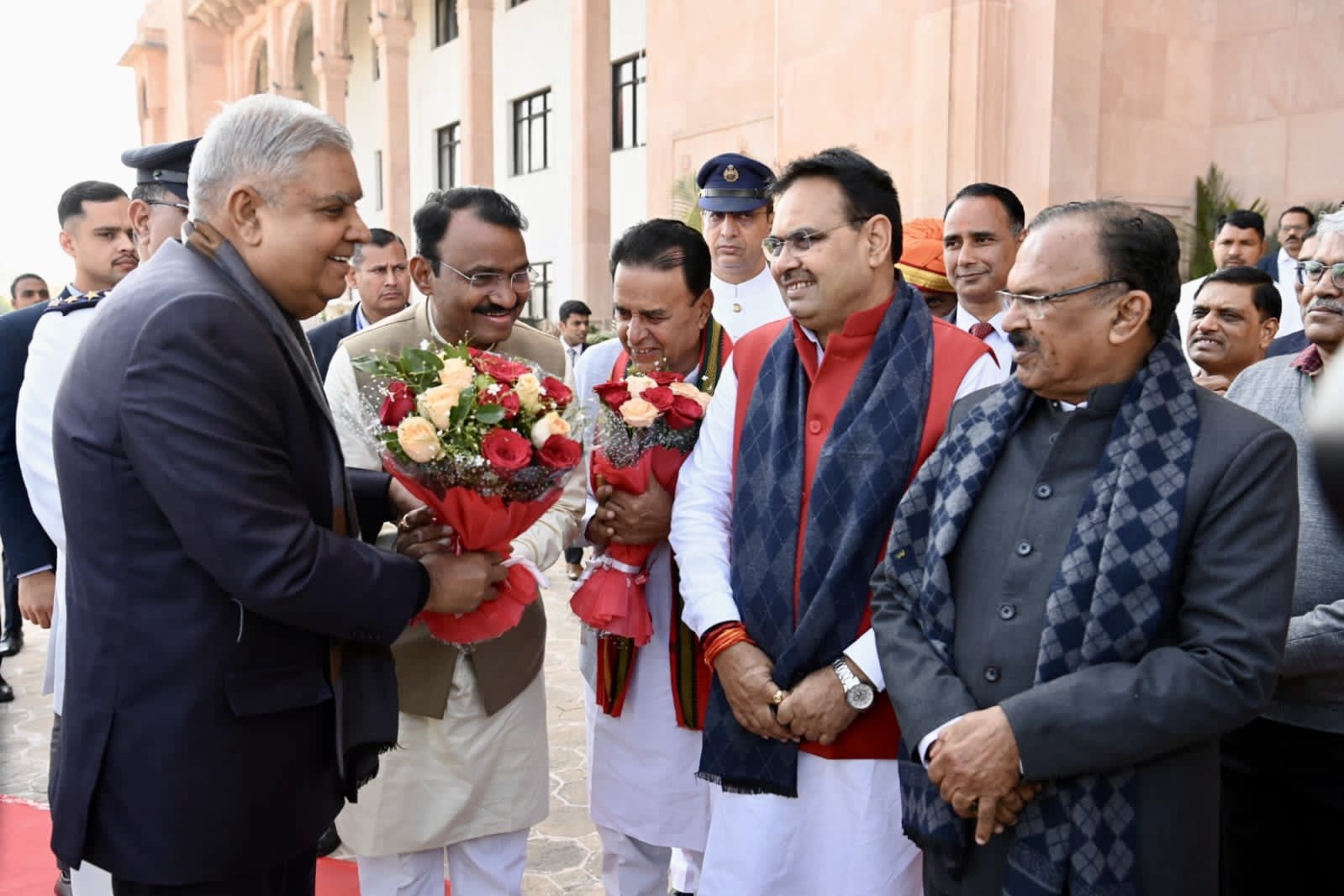 The Vice-President, Shri Jagdeep Dhankhar being welcomed by the Speaker of Rajasthan Assembly Shri Vasudev Devnani, Chief Minister, Shri Bhajanlal Sharma, Deputy Chief Minister, Shri Premchand Bairwa and other dignitaries on his arrival at Rajasthan Legislative Assembly in Jaipur, Rajasthan on January 16, 2024.