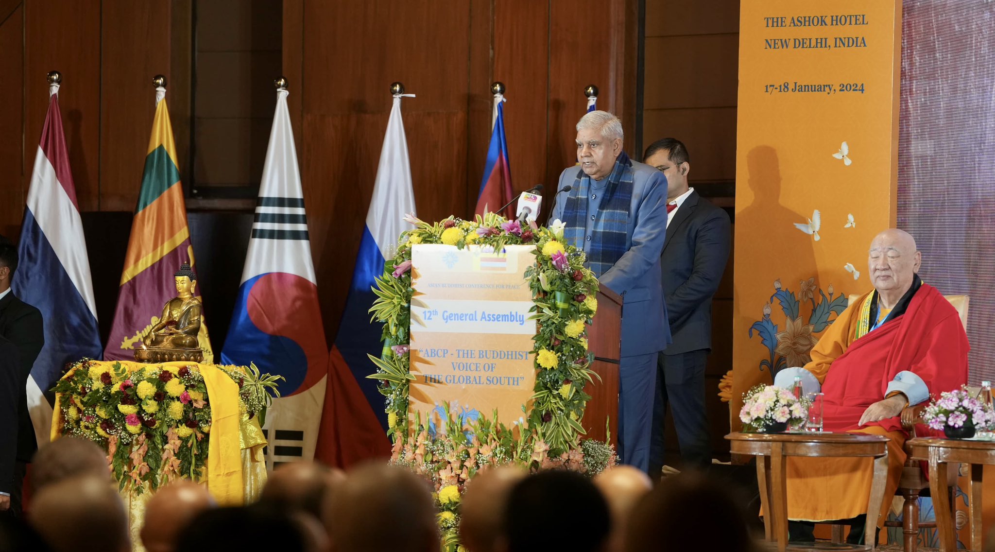 The  Vice-President, Shri Jagdeep Dhankhar addressing the 12th General Assembly of the Asian Buddhist Conference for Peace (ABCP), in New Delhi  January 17, 2024.