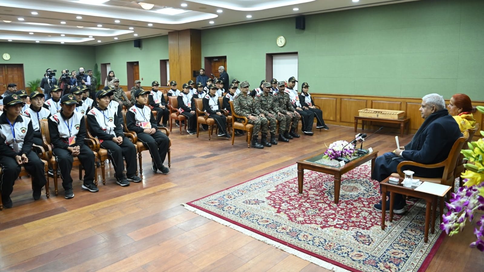 The Vice-President, Shri Jagdeep Dhankhar interacting with a delegation of students from Menchuka Valley, Arunachal Pradesh, during their National Integration Tour organised by the Indian Army, at Upa-Rashtrapati Nivas in New Delhi on January 18, 2024.