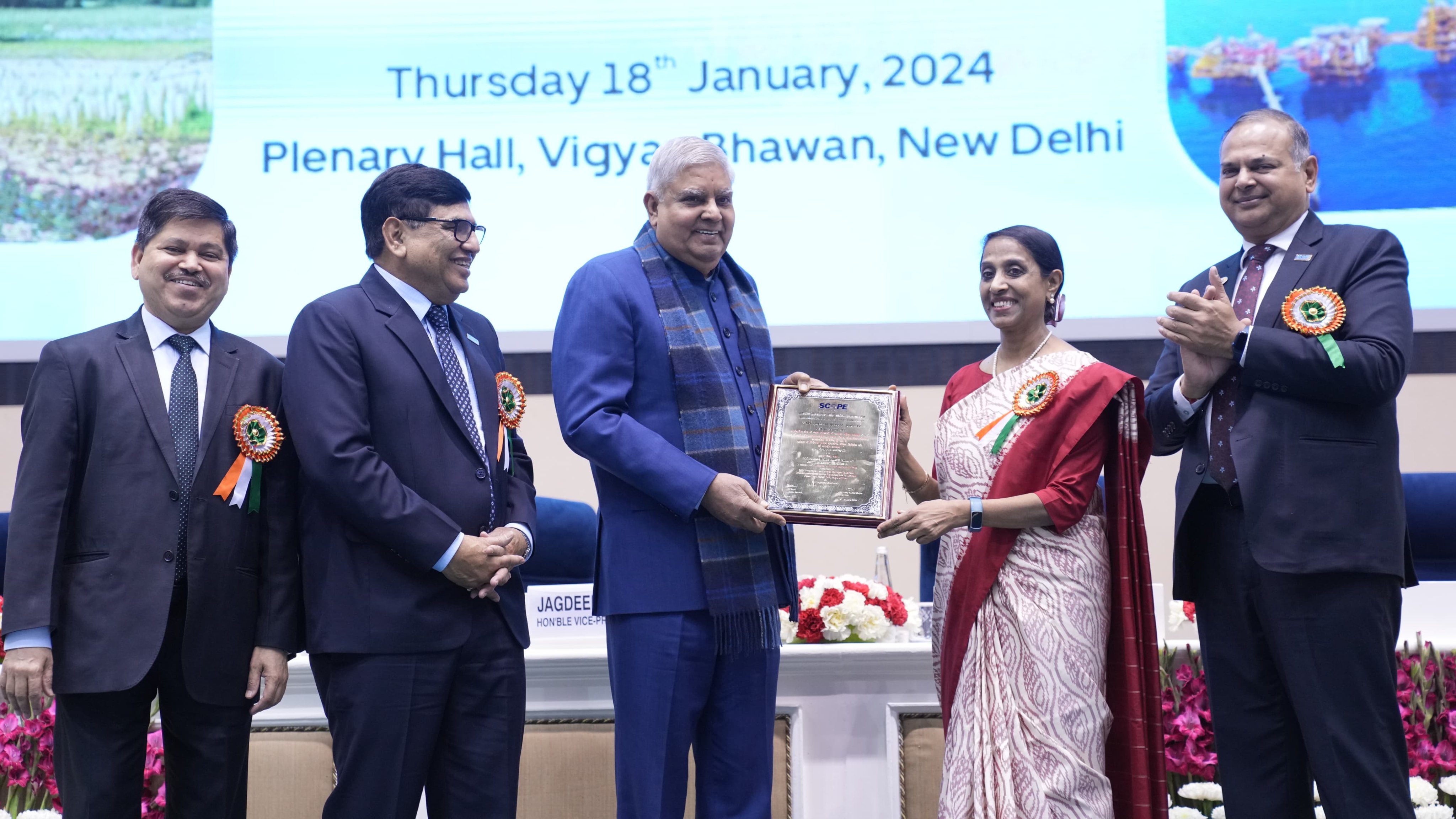 The Vice-President, Shri Jagdeep Dhankhar presenting the SCOPE Awards, recognising the contribution of Public Sector Enterprises, in New Delhi on January 18, 2024.
