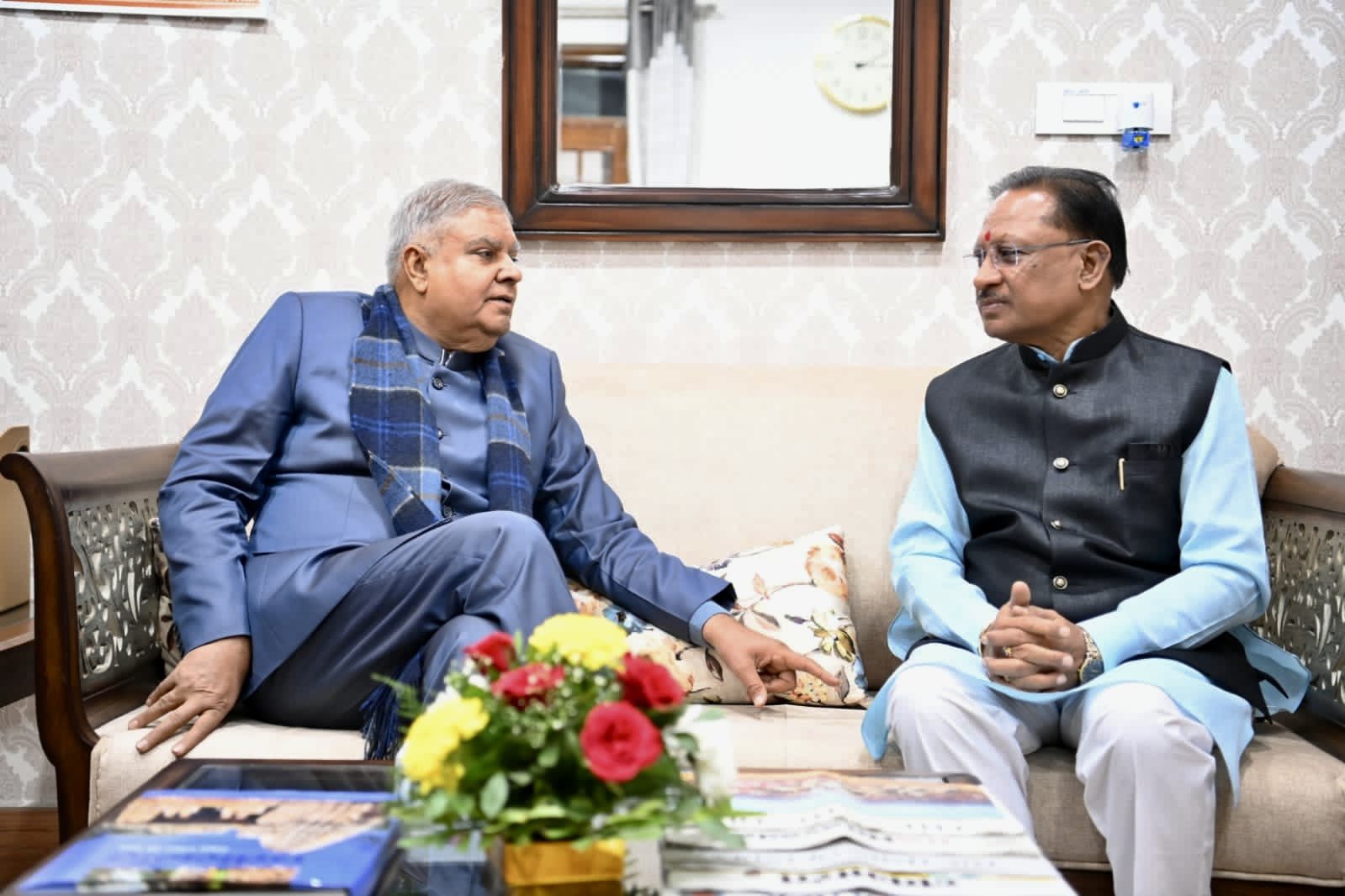 The Chief Minister of Chhattisgarh, Shri Vishnu Deo Sai paying a courtesy visit to the Vice-President, Shri Jagdeep Dhankhar at Raj Bhavan, Raipur in Chhattisgarh on January 20, 2024.
