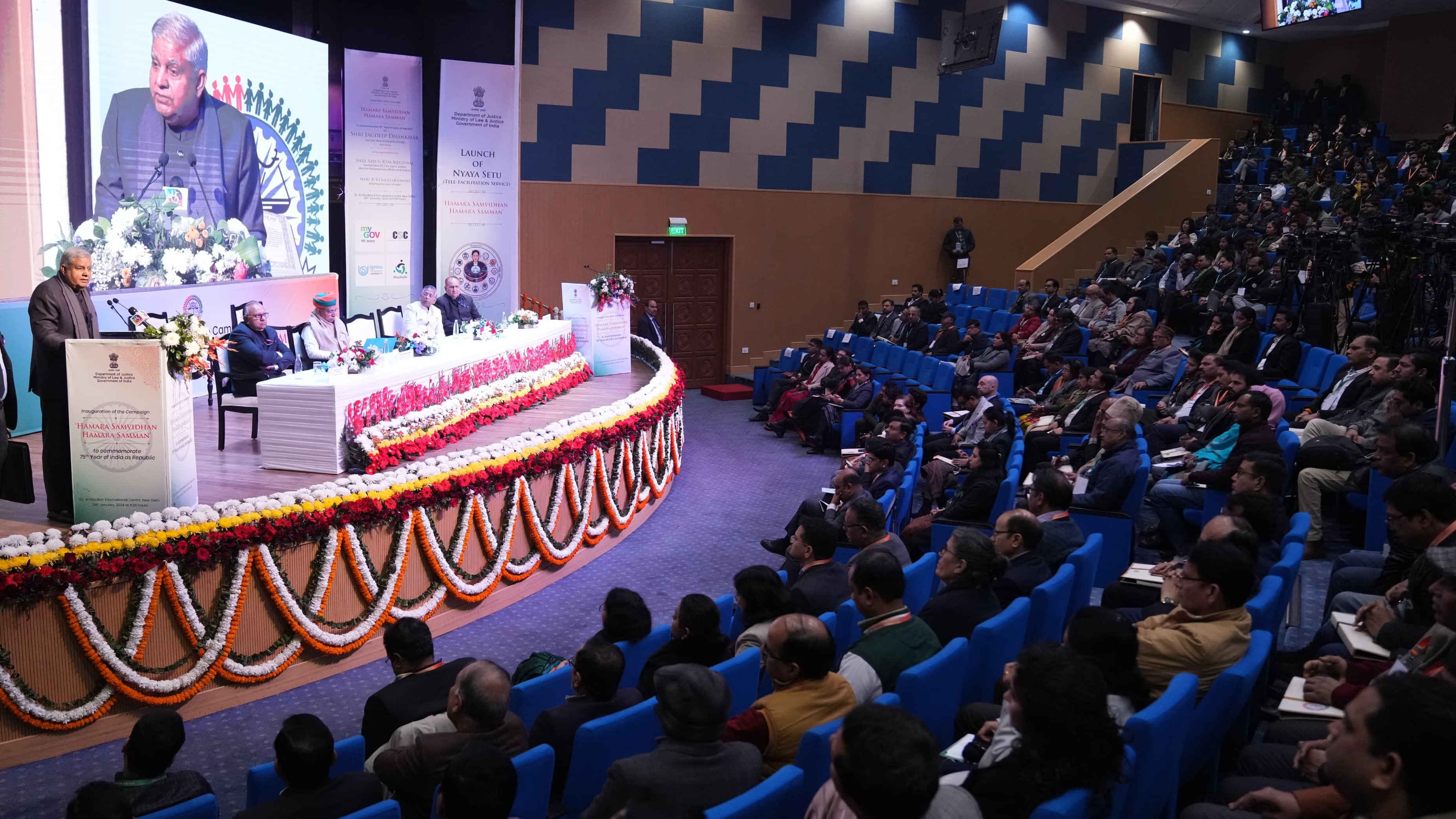 The Vice-President, Shri Jagdeep Dhankhar addressing the gathering during inauguration Campaign of  ‘Hamara Samvidhan Hamara Samman’ at Dr. Ambedkar International Centre in New Delhi on January 24, 2024.