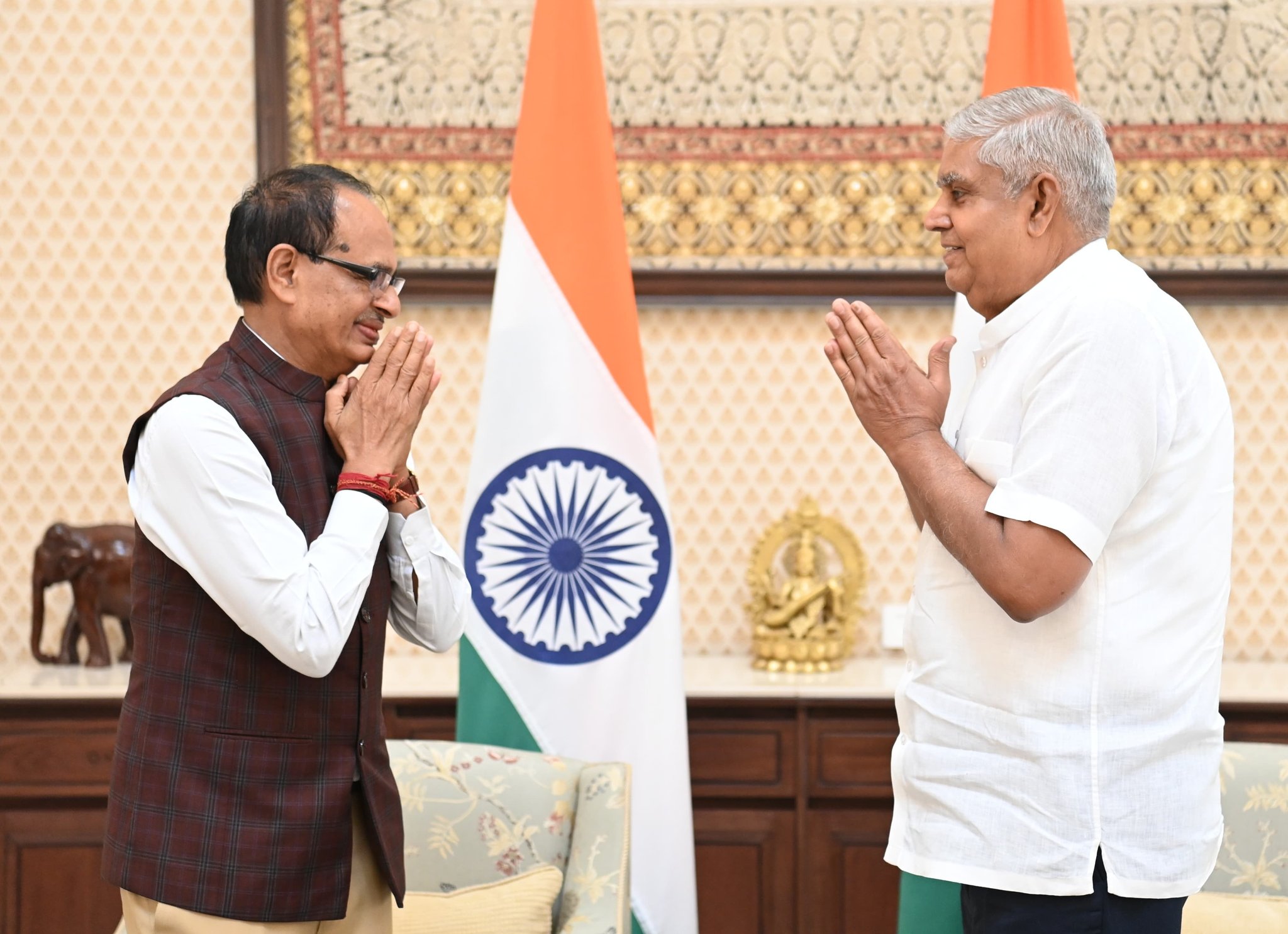 Shri Shivraj Singh Chouhan, Union Minister of Agriculture and Farmers Welfare; and Minister of Rural Development, called on the Vice-President, Shri Jagdeep Dhankhar at Vice-President's Enclave in New Delhi on June 15, 2024.