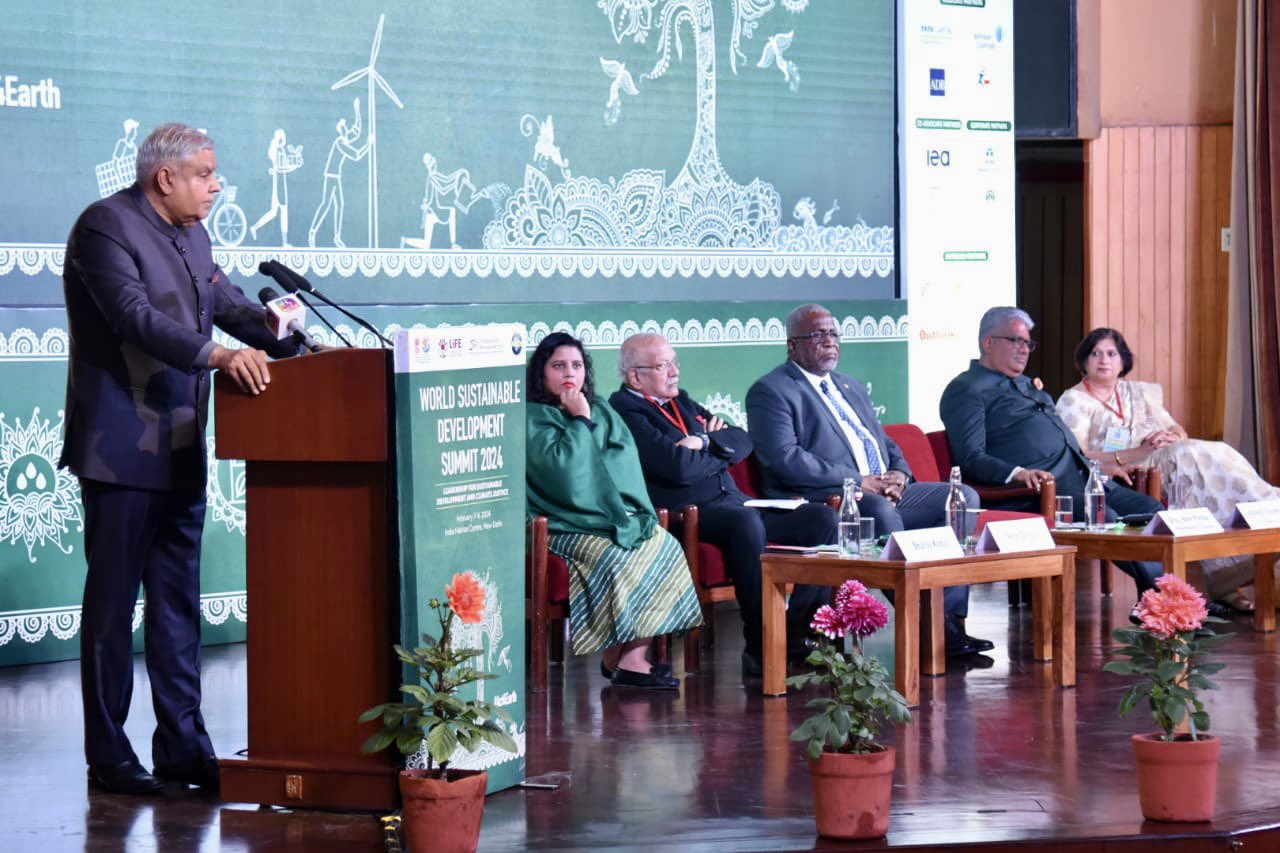  The Vice-President, Shri Jagdeep Dhankhar delivering the inaugural address at the World Sustainable Development Summit 2024 organised by The Energy and Resources Institute (TERI) at India Habitat Centre in New Delhi on February 7, 2024.