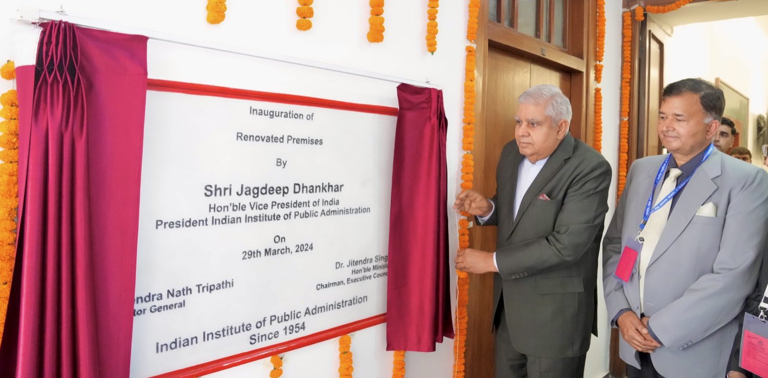 The Vice-President, Shri Jagdeep Dhankhar inaugurating the renovated premises of Indian Institute of Public Administration (IIPA) in New Delhi on March 29, 2024.