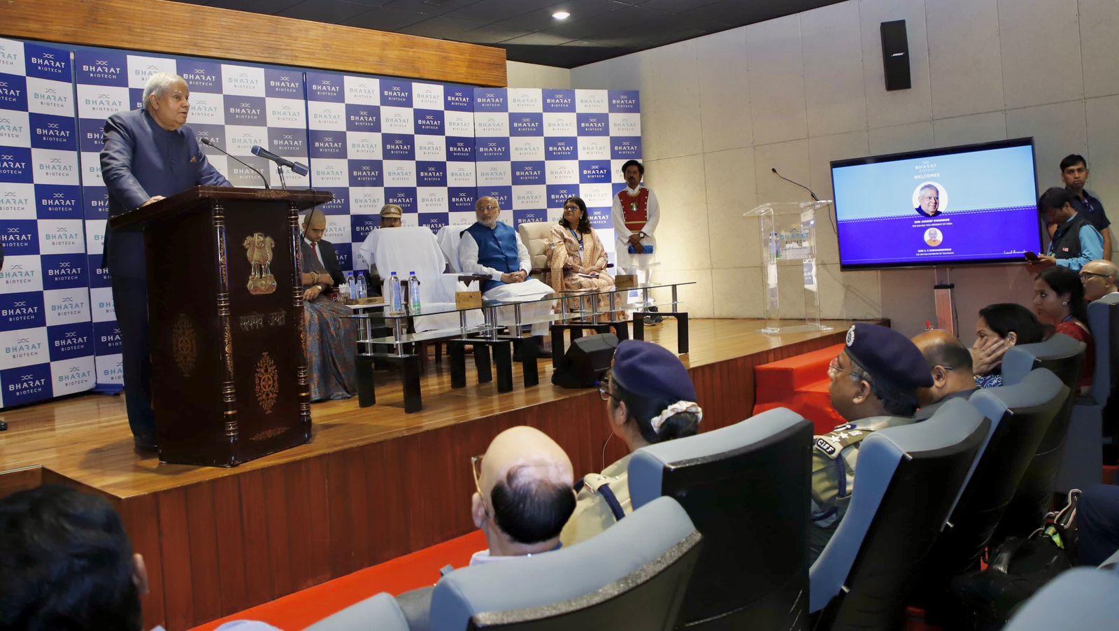 The Vice-President, Shri Jagdeep Dhankhar addressing the scientific community at the Bharat Biotech facility at Genome Valley in Hyderabad, Telangana on April 26, 2024.