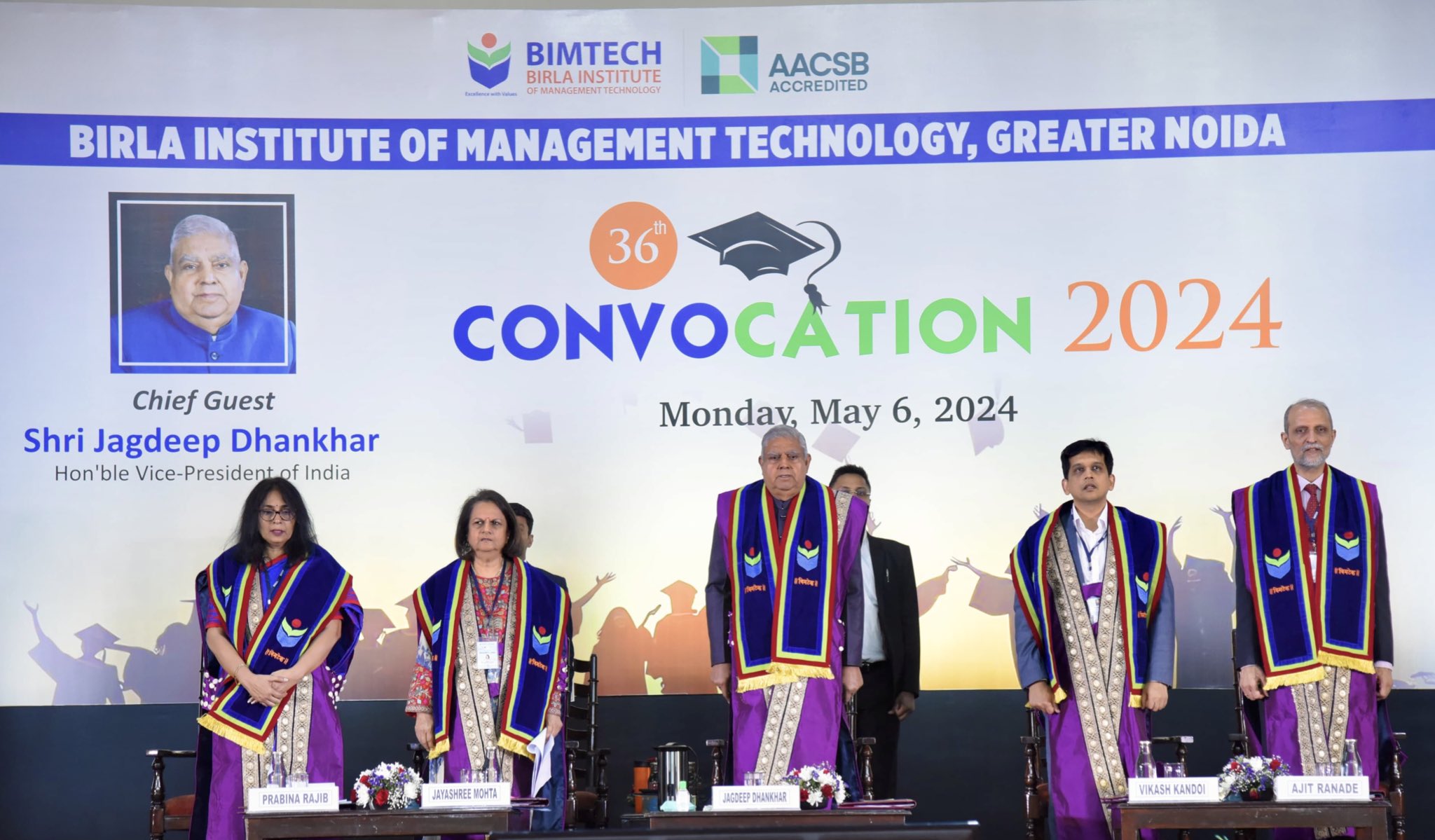 The Vice-President, Shri Jagdeep Dhankhar at the 36th Convocation of Birla Institute of Management Technology in Greater Noida, Uttar Pradesh on May 6, 2024.