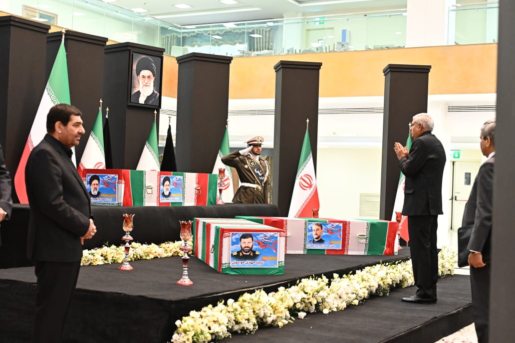 The Vice-President, Shri Jagdeep Dhankhar paying tributes to Late President Dr. Seyyed Ebrahim Raisi, Late Foreign Minister Dr. Hossein Amir-Abdollahian and other Iranian Officials in Tehran on May 22, 2024.