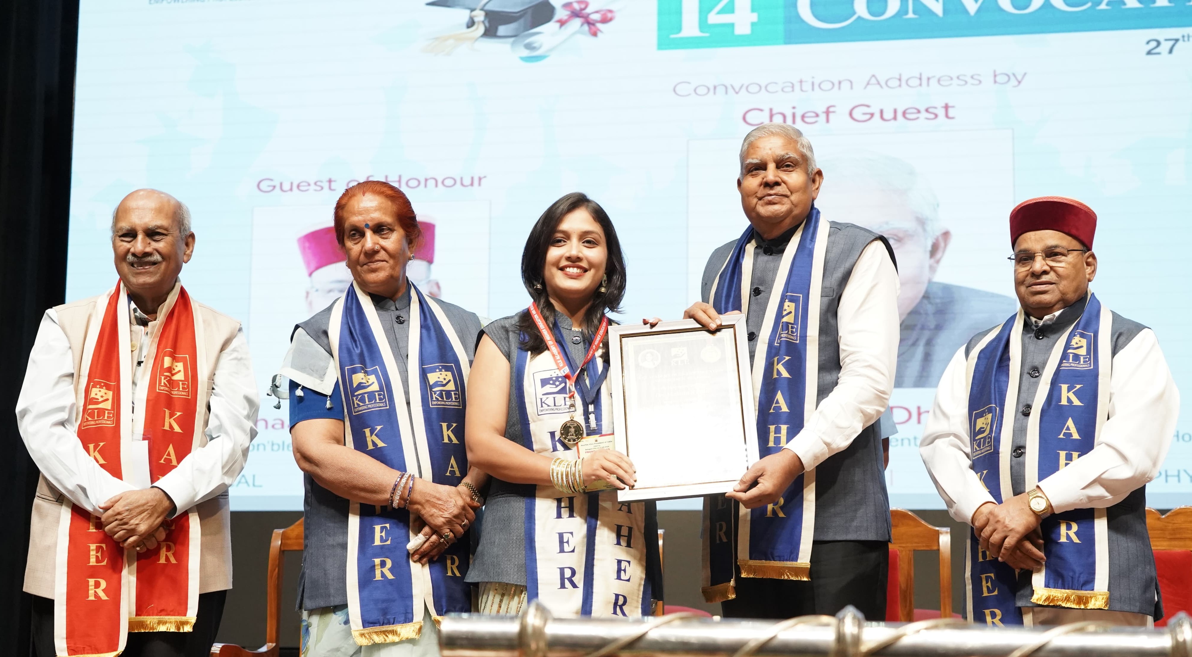 The Vice-President, Shri Jagdeep Dhankhar felicitating the gold medalists at 14th Convocation Ceremony of KLE Academy of Higher Education & Research in Belagavi, Karnataka on May 27, 2024.