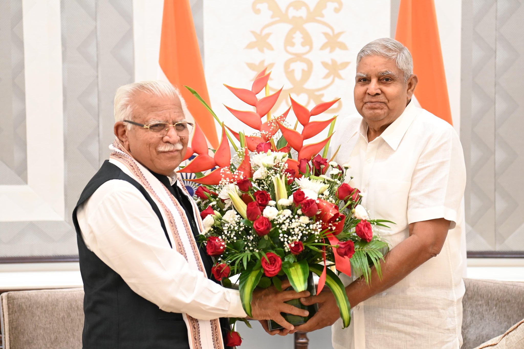 Shri Manohar Lal, Union Minister of Housing and Urban Affairs; and Minister of Power, called on the Vice-President, Shri Jagdeep Dhankhar at Vice-President's Enclave in New Delhi on June 12, 2024.
