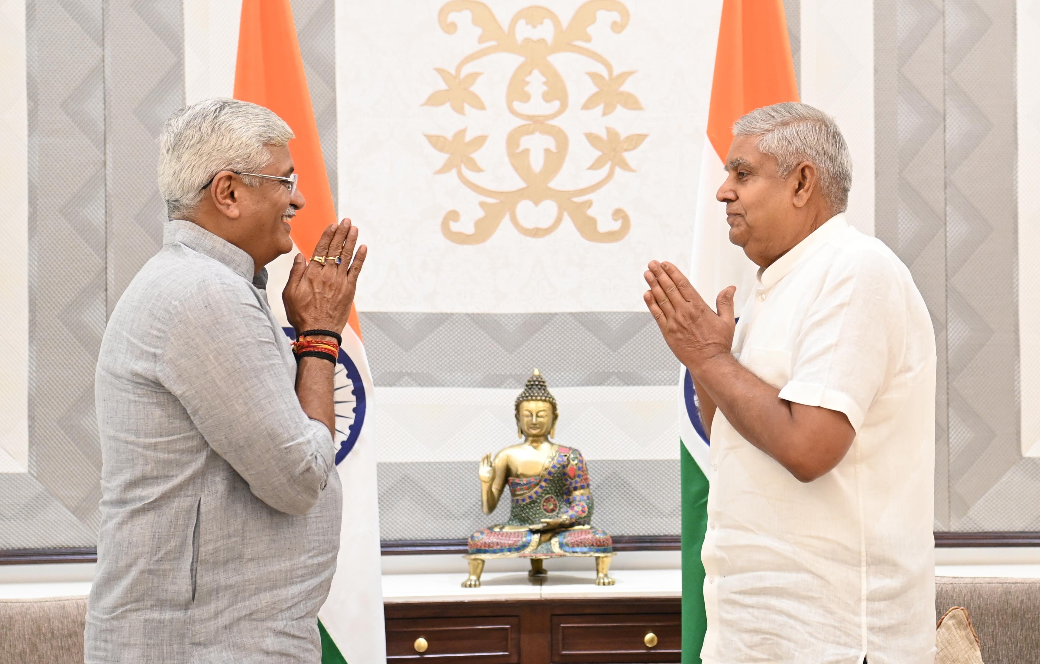 Shri Gajendra Singh Shekhawat, Union Minister of Culture and Tourism, called on the Vice-President, Shri Jagdeep Dhankhar at Vice-President's Enclave in New Delhi on June 12, 2024.
