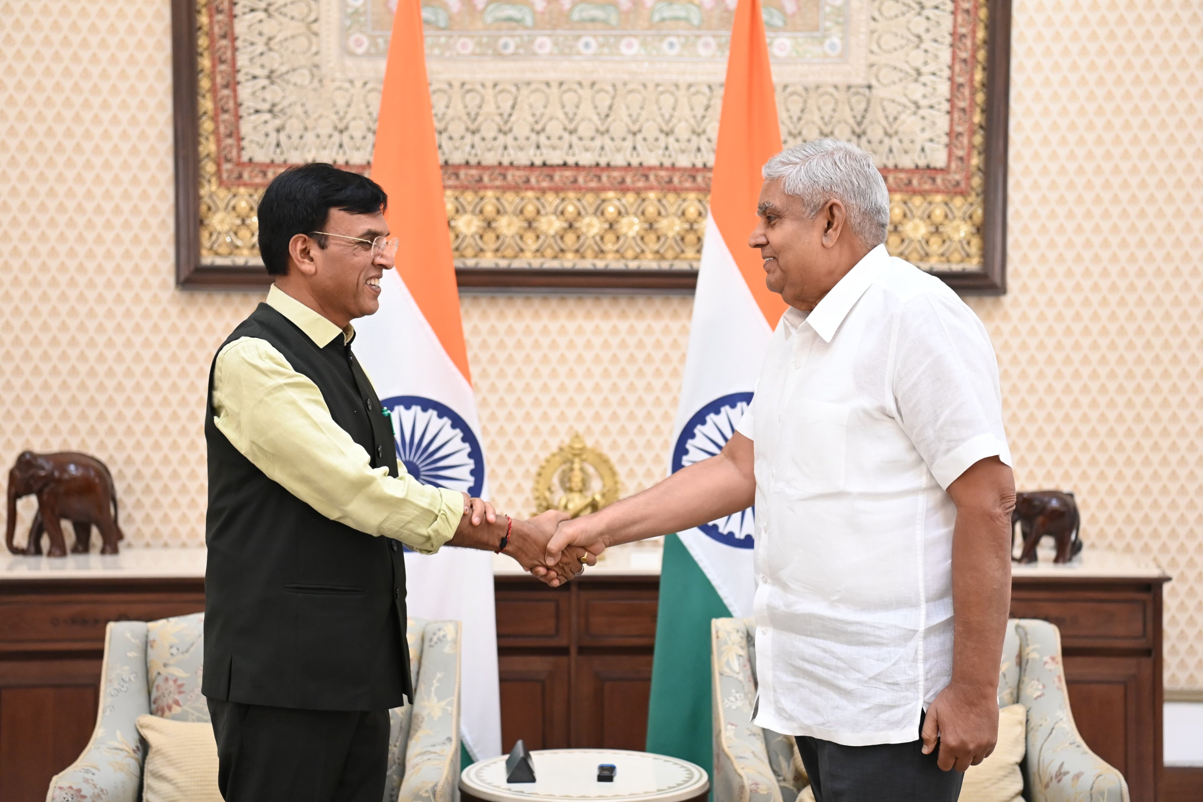 Dr. Mansukh Mandaviya, Union Minister of Labour and Employment; and Minister of Youth Affairs and Sports, called on the Vice-President, Shri Jagdeep Dhankhar at Vice-President's Enclave in New Delhi on June 12, 2024. 