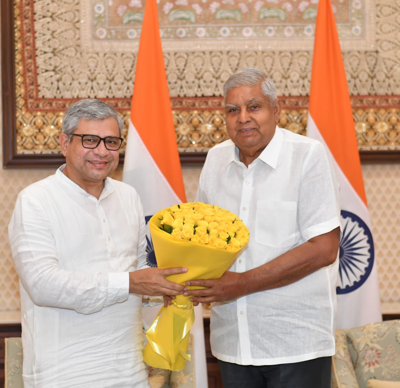 Shri Ashwini Vaishnaw, Union Minister of Railways; Minister of Information and Broadcasting; and Minister of Electronics and Information Technology called on the Vice-President, Shri Jagdeep Dhankhar at Vice-President's Enclave in New Delhi on June 14, 2024.