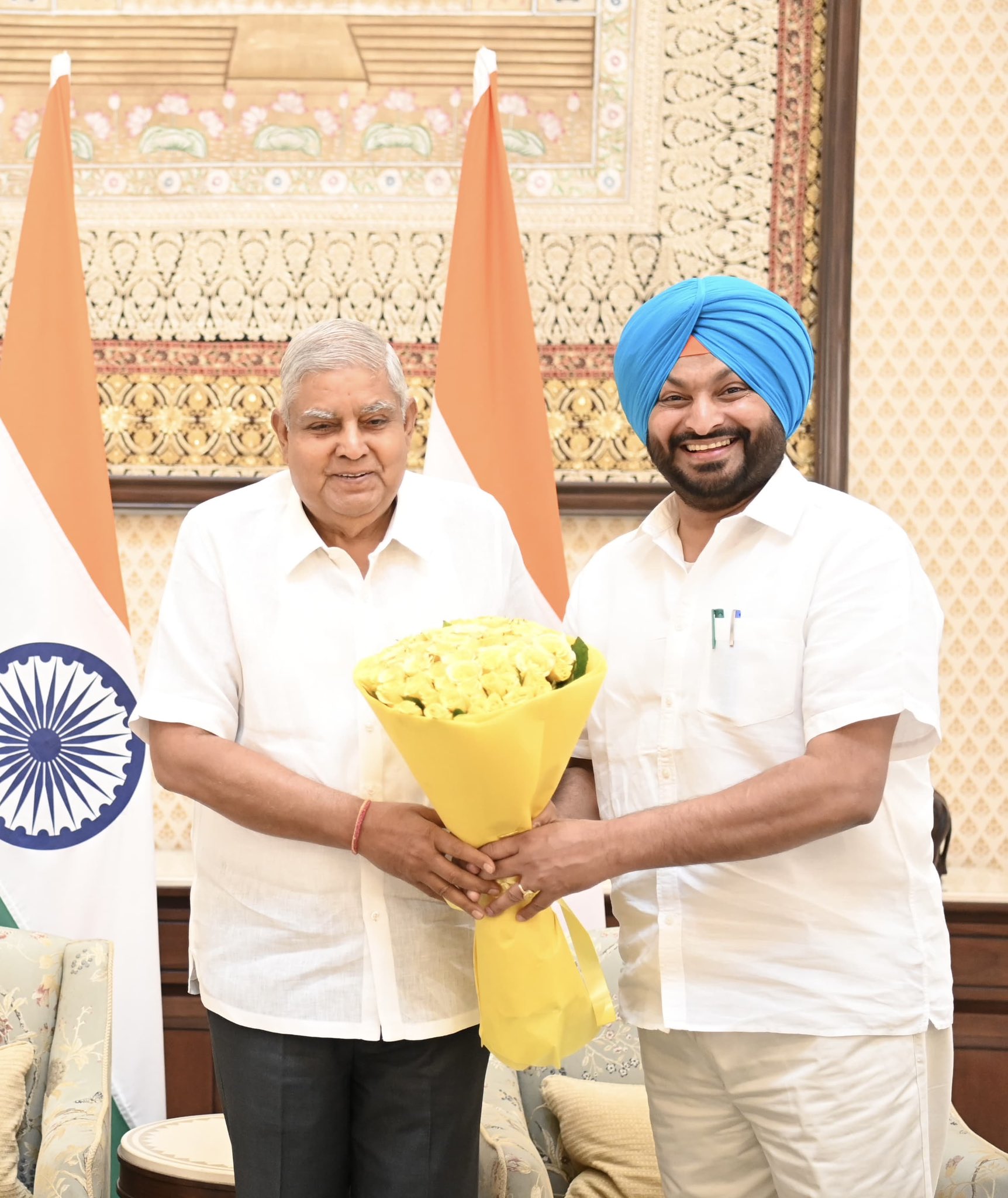 Shri Ravneet Singh, Union Minister of State for Railways; and Food Processing Industries, called on the Vice-President, Shri Jagdeep Dhankhar at Vice-President's Enclave in New Delhi on June 14, 2024. 