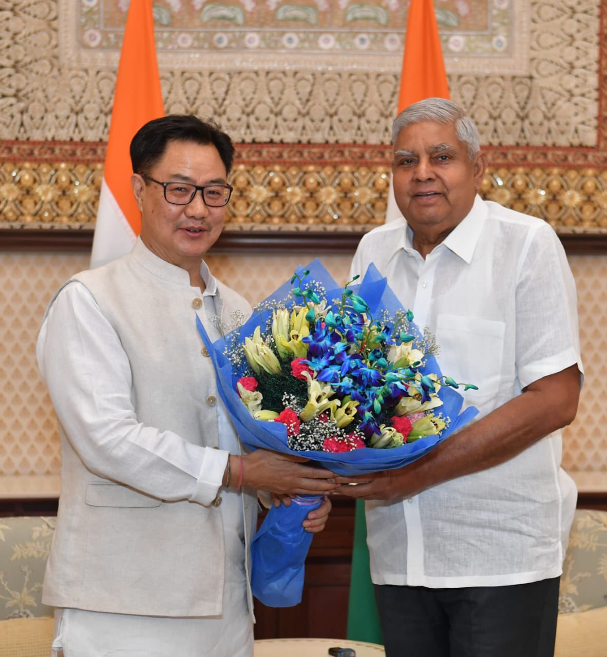  Shri Kiren Rijiju, Union Minister of Parliamentary Affairs, and Minister of Minority Affairs, called on the Vice-President, Shri Jagdeep Dhankhar at Vice-President's Enclave in New Delhi on June 14, 2024.