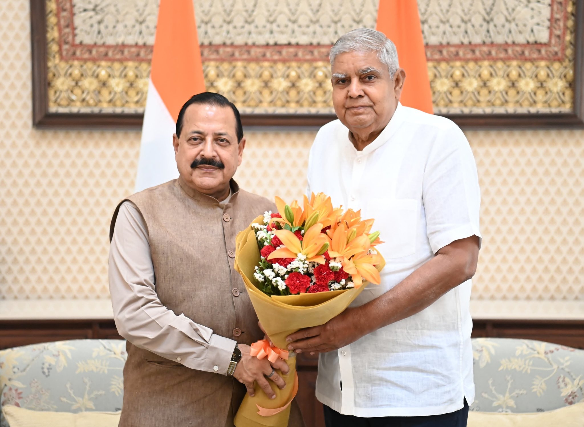  Dr. Jitendra Singh, Minister of State for Science and Technology, and Earth Sciences; and Minister of State for Prime Minister’s Office, Ministry of Personnel, Public Grievances and Pensions, Department of Atomic Energy, and Department of Space, called on the Vice-President, Shri Jagdeep Dhankhar at Vice-President's Enclave in New Delhi on June 15, 2024.