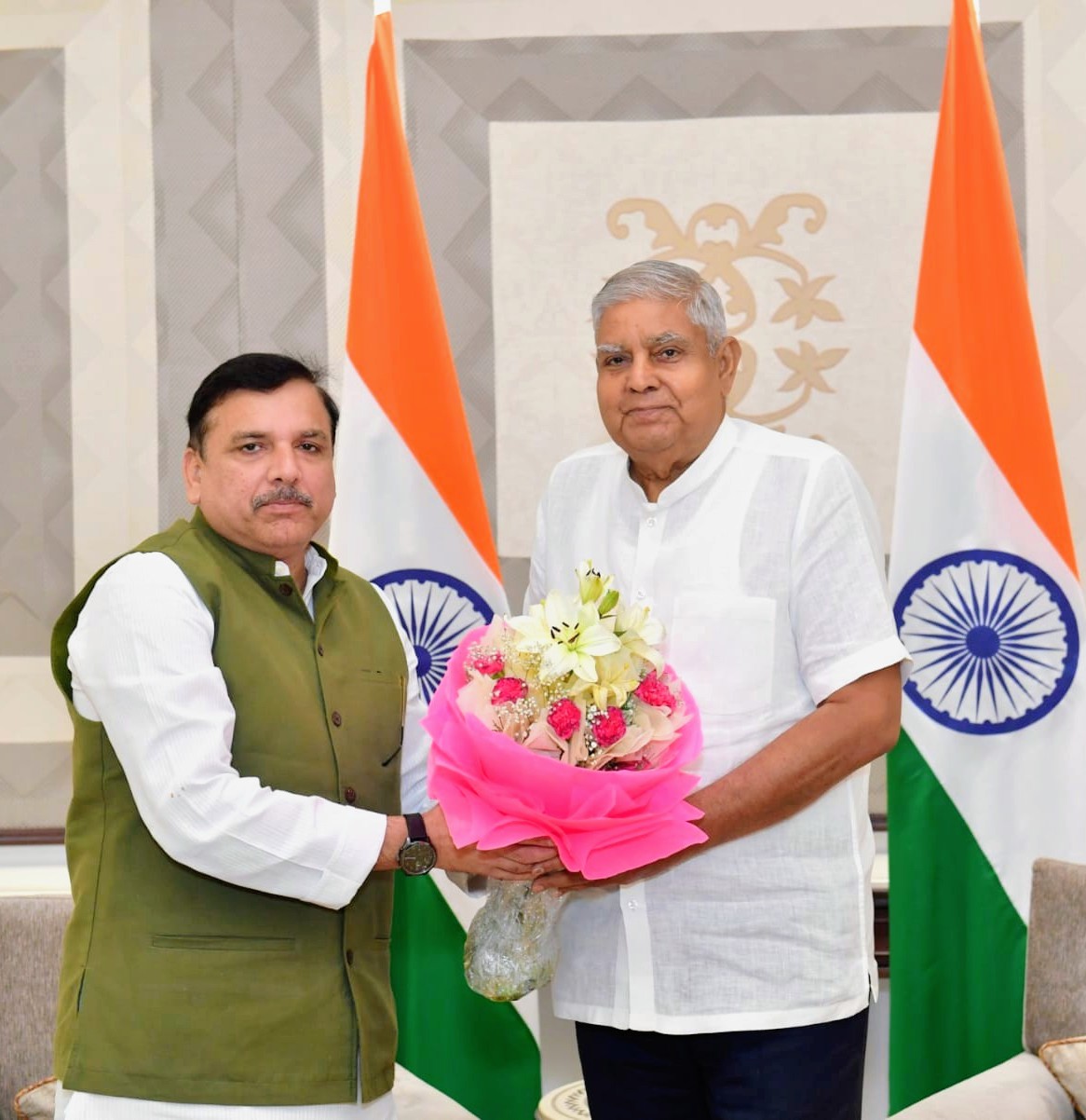 Shri Sanjay Singh, Member of Parliament (Rajya Sabha) called on the Vice-President and Chairman, Rajya Sabha, Shri Jagdeep Dhankhar at Vice-President's Enclave in New Delhi on June 15, 2024. 