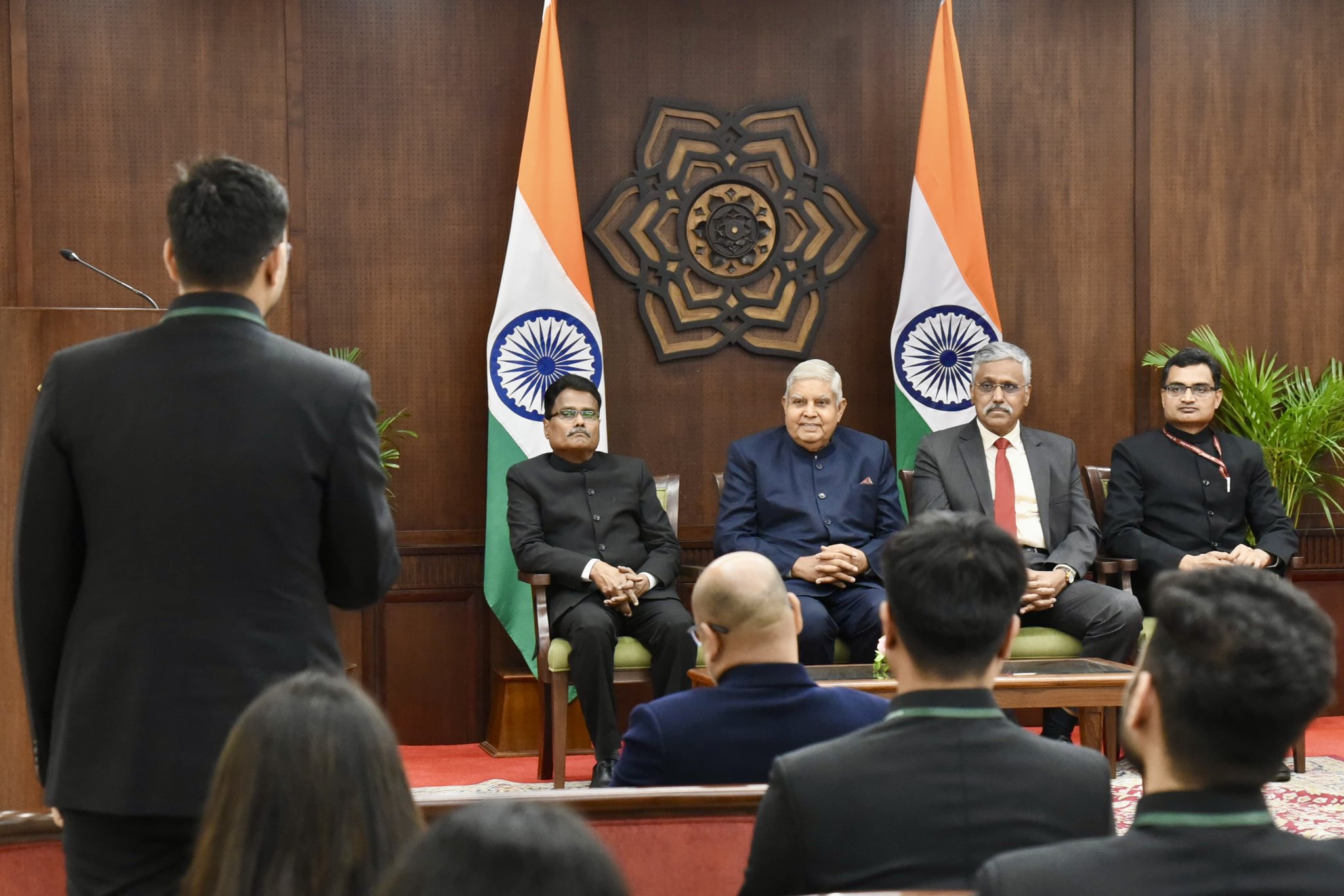 The Vice-President, Shri Jagdeep Dhankhar, interacting with Officer Trainees of 2023 batch of the Indian Defence Estates Service (IDES) at Vice-President's Enclave in New Delhi on July 8, 2024.