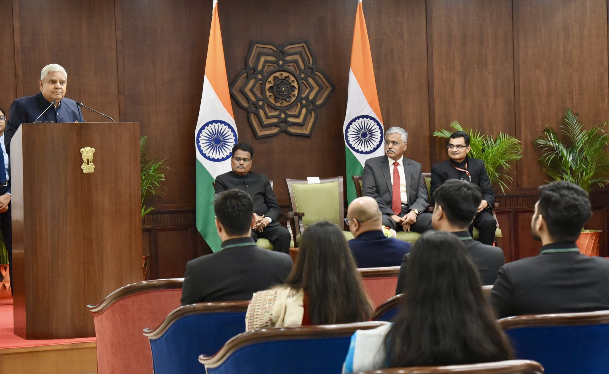 The Vice-President, Shri Jagdeep Dhankhar, addressing Officer Trainees of 2023 batch of the Indian Defence Estates Service (IDES) at Vice-President's Enclave in New Delhi on July 8, 2024.