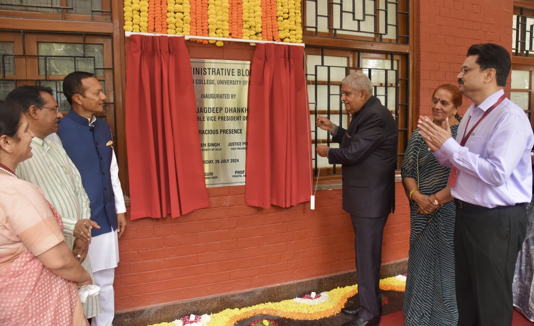 The Vice-President, Shri Jagdeep Dhankhar inaugurating the New Administrative Block at Hansraj College, University of Delhi on July 26, 2024.