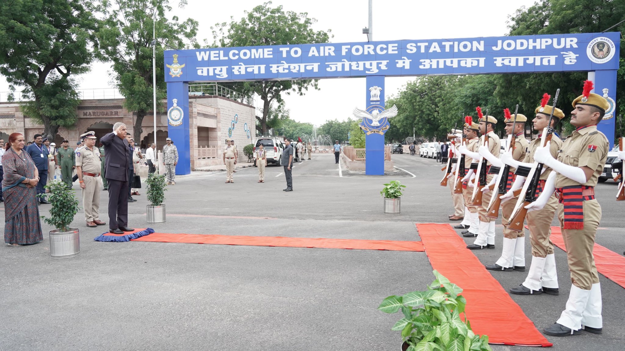 The Vice-President, Shri Jagdeep Dhankhar inspecting the Guard of Honour on his arrival in Jodhpur, Rajasthan on August 9, 2024.