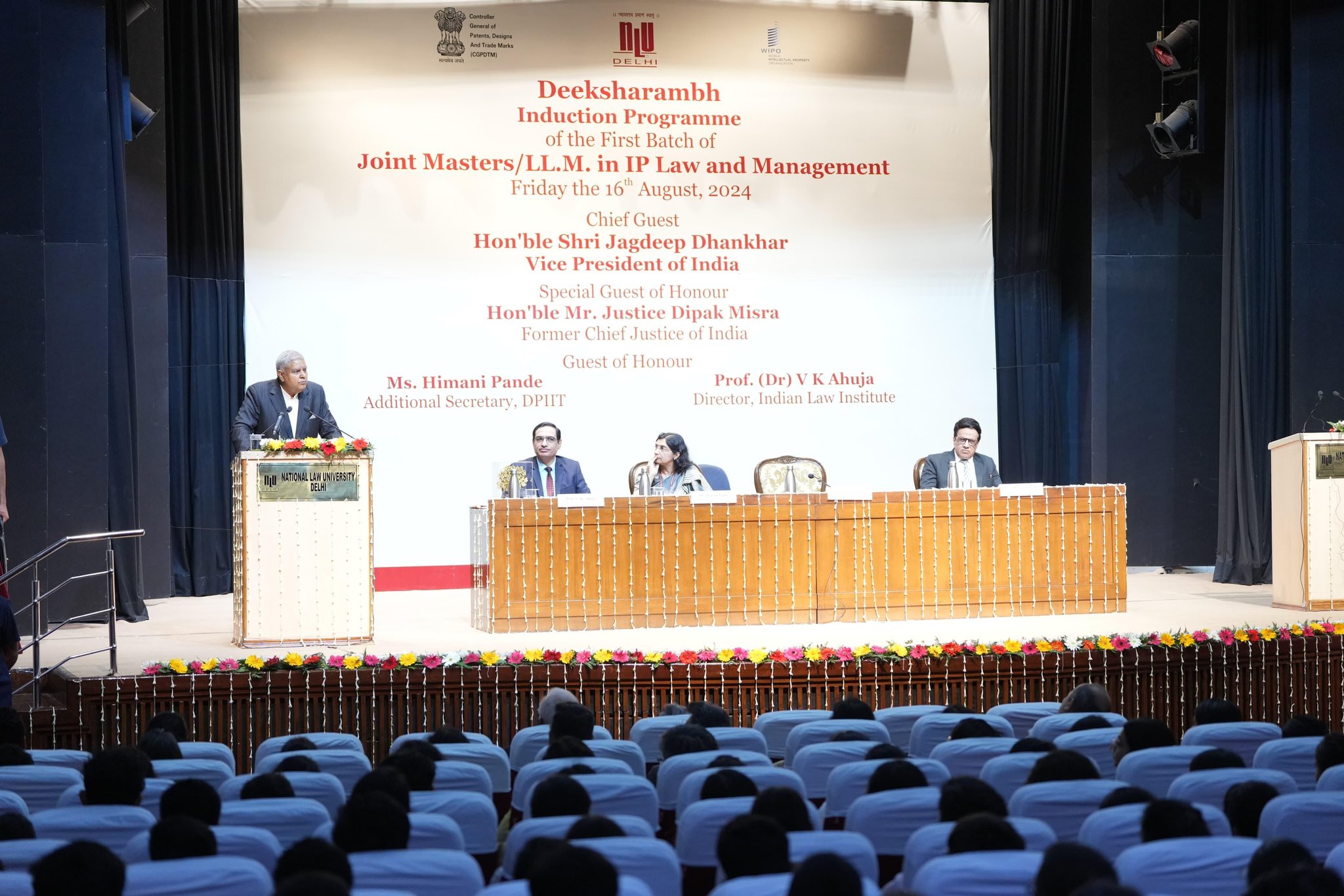 The Vice-President, Shri Jagdeep Dhankhar addressing the students and faculty members at National Law University Delhi on August 16, 2024.