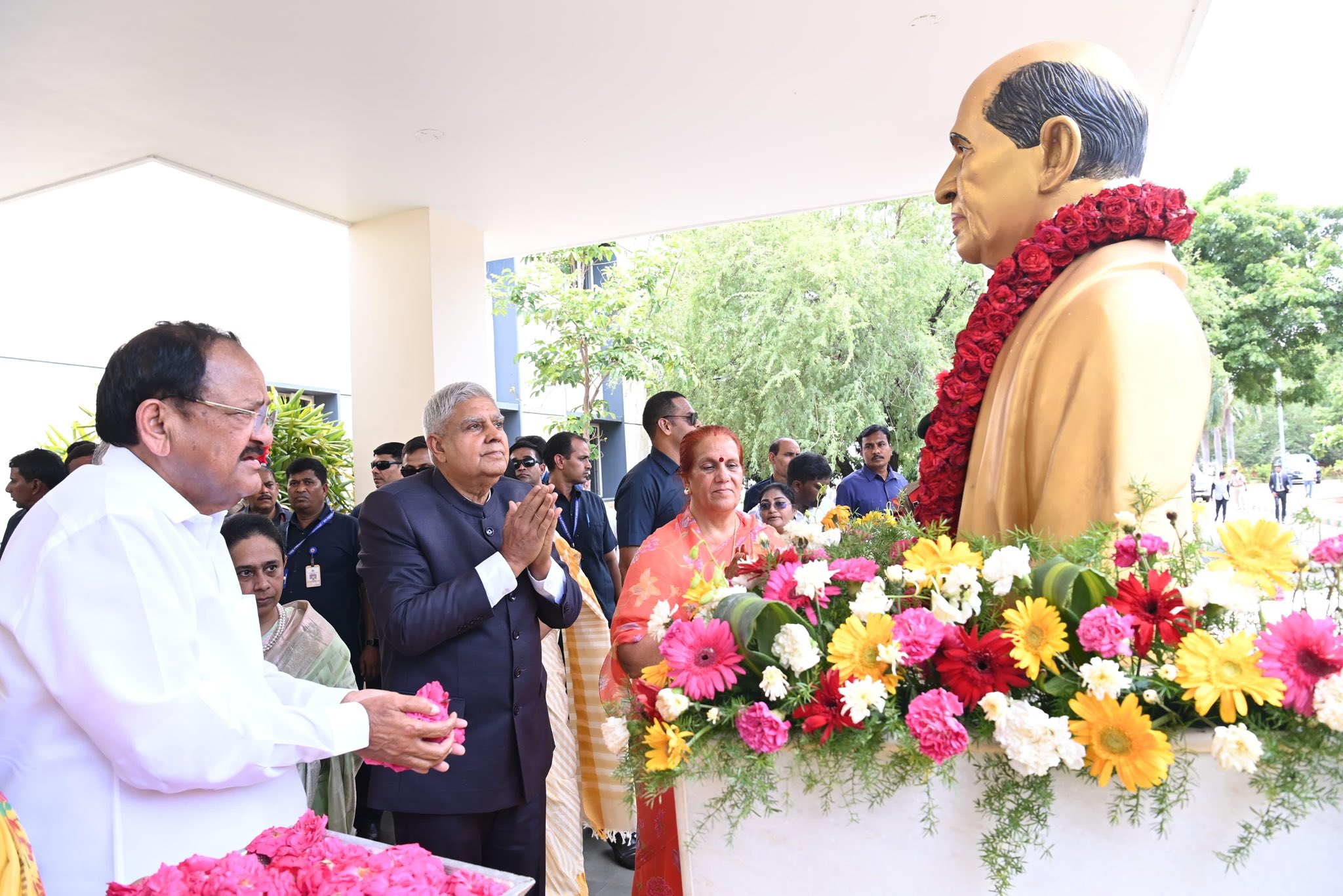 The Vice-President, Shri Jagdeep Dhankhar paying floral tribute to Swami Vivekananda and Sardar Vallabhbhai Patel at Akshara Vidyalaya campus, Venkatachalam in Nellore, Andhra Pradesh on August 17, 2024. 