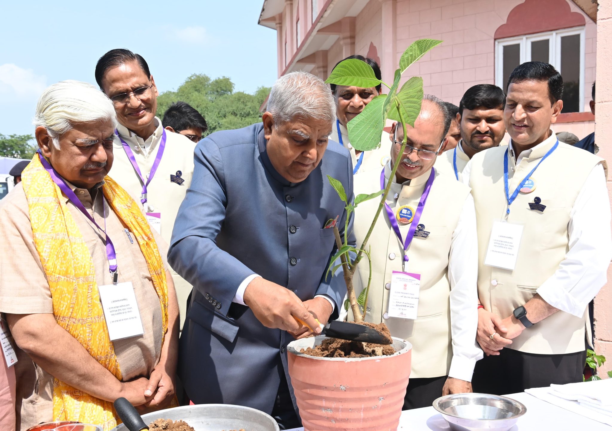 The Vice-President, Shri Jagdeep Dhankhar planting a sapling at the premises of B.M. Birla Auditorium in Jaipur, Rajasthan on August 18, 2024.