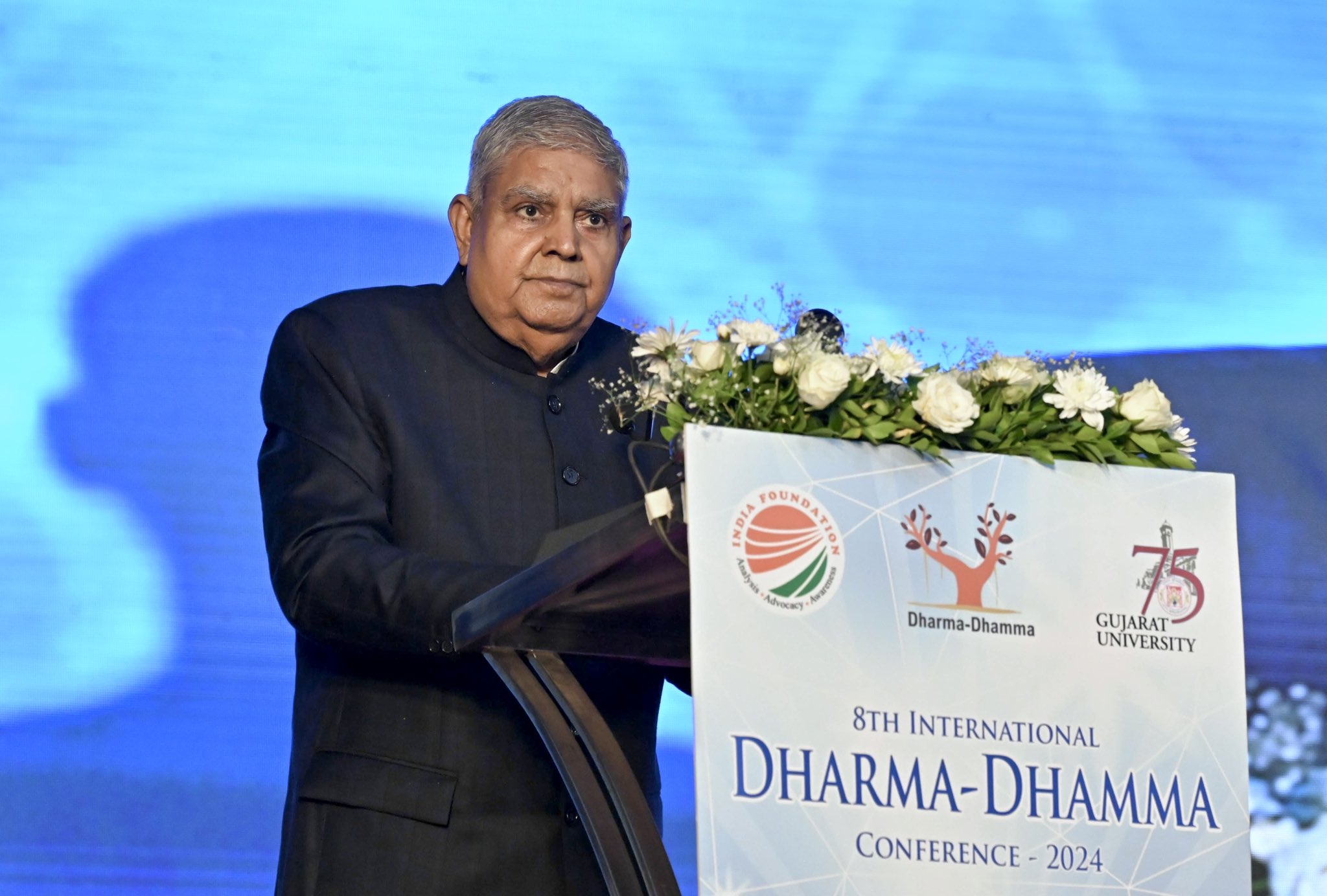 The Vice-President, Shri Jagdeep Dhankhar addressing the 8th International Dharma-Dhamma Conference at Gujarat University in Ahmedabad, Gujarat on August 23, 2024. 