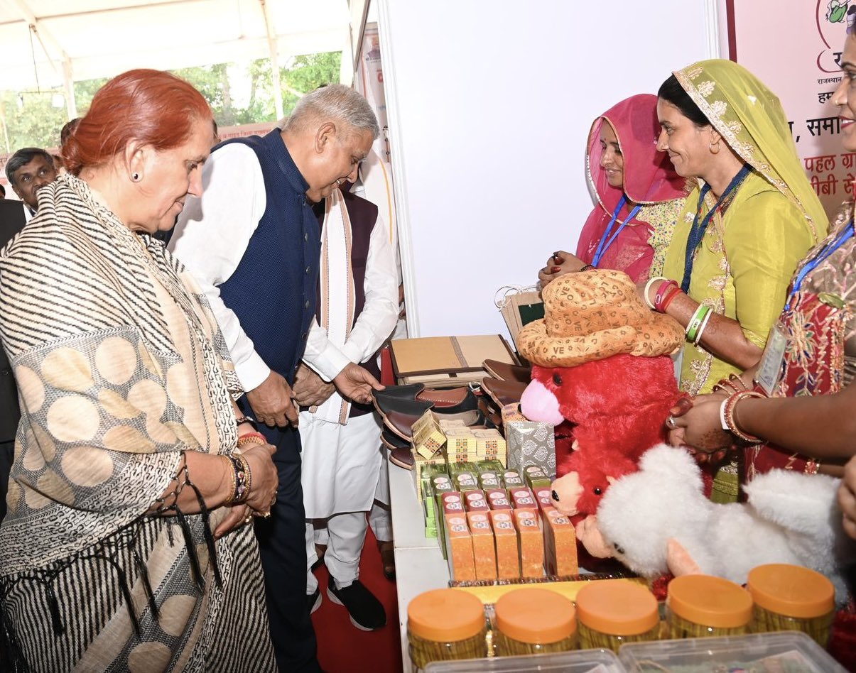 The Vice-President, Shri Jagdeep Dhankhar visiting an exhibition highlighting Swachhata-related initiatives at the premises of Paramveer Peeru Singh Govt. Sr. Secondary School in Jhunjhunu, Rajasthan on September 17, 2024.