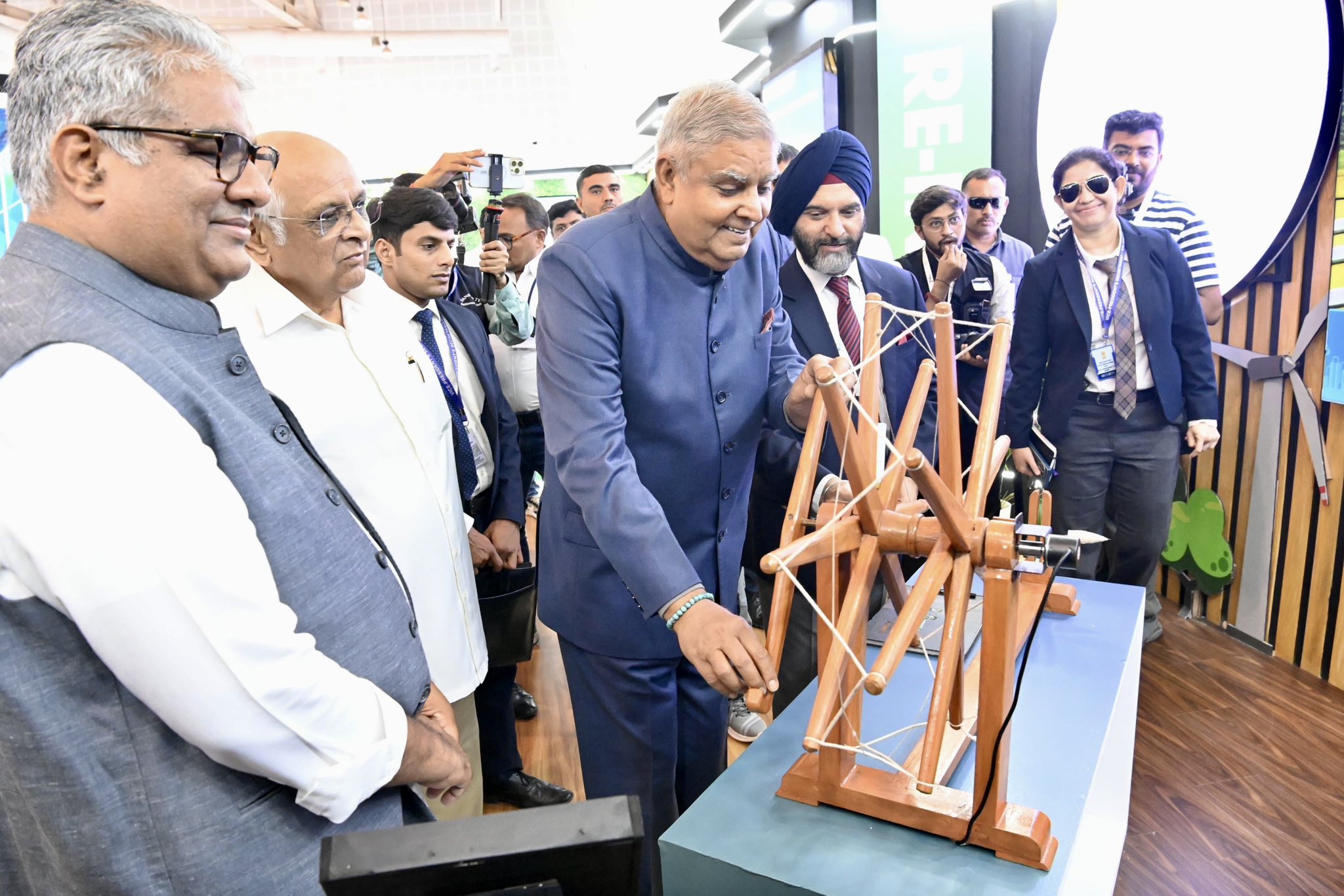 The Vice-President, Shri Jagdeep Dhankhar visiting an exhibition at 4th Global RE-INVEST, 2024 at Mahatma Mandir in Gandhinagar, Gujarat on September 18, 2024