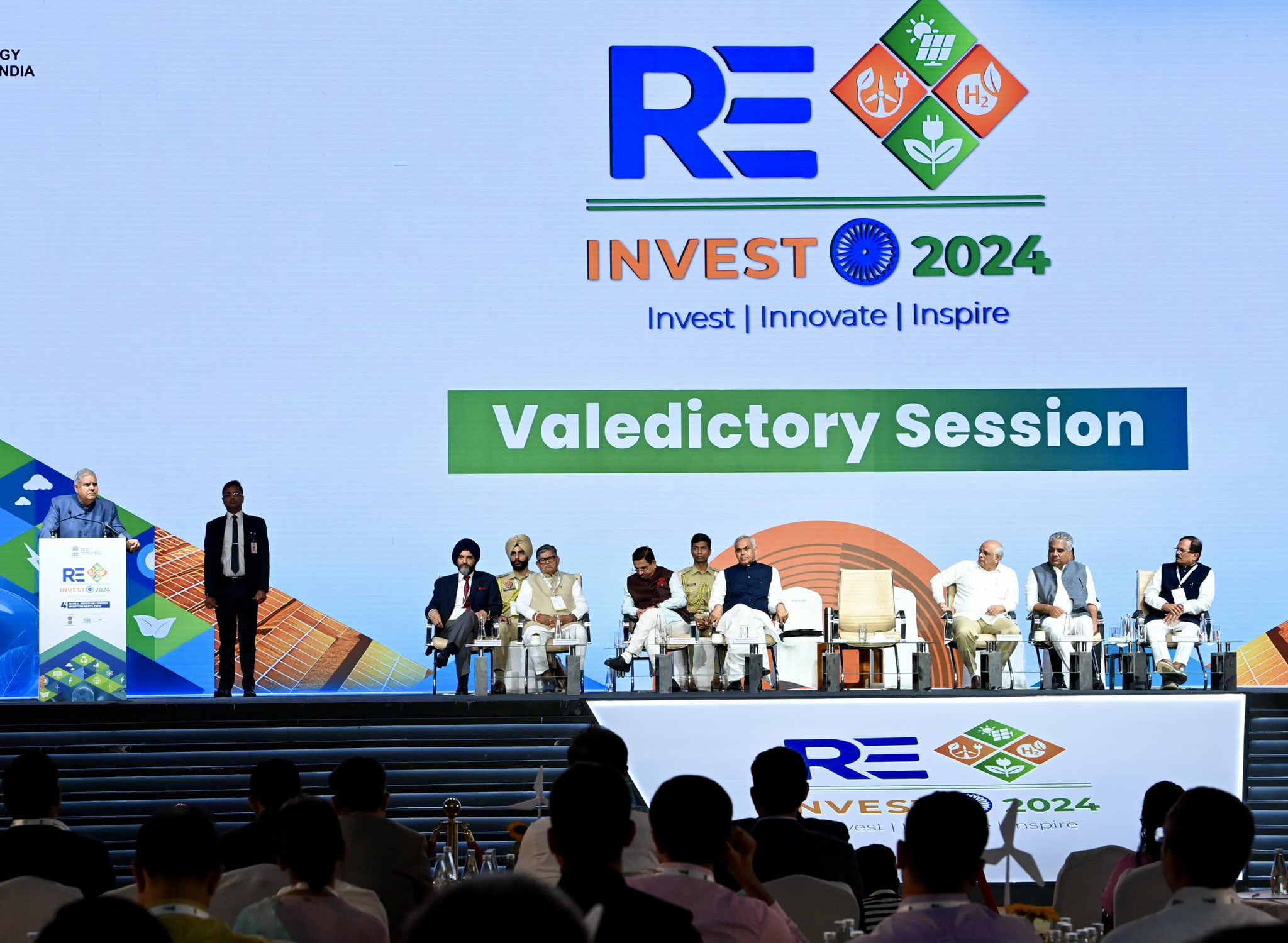 The Vice-President, Shri Jagdeep Dhankhar addressing the valedictory ceremony of the 4th Global RE-INVEST, 2024 at Mahatma Mandir in Gandhinagar, Gujarat on September 18, 2024