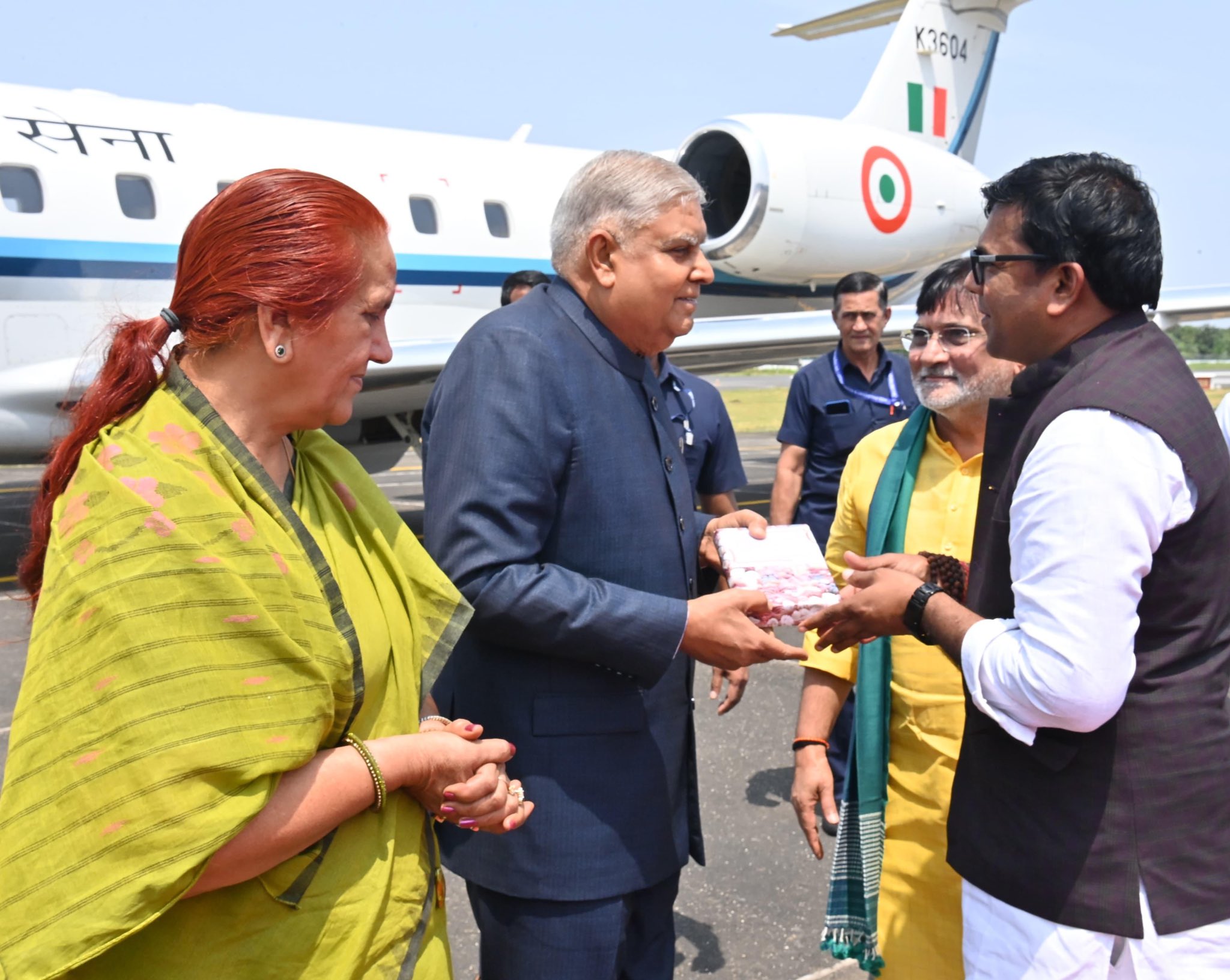 The Vice-President, Shri Jagdeep Dhankhar and Dr. Sudesh Dhankhar being welcomed by Shri Praful Patel, Administrator of Dadra and Nagar Haveli & Daman and Diu, Shri Umeshbhai Babubhai Patel, Member of Parliament, Daman and Diu and other dignitaries on their arrival in Daman on September 20, 2024.