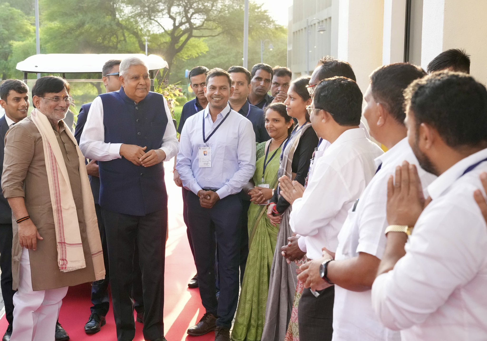 The Vice-President, Shri Jagdeep Dhankhar interacting with Panchayat officials of Ringanwada Panchayat in Daman on September 20, 2024.