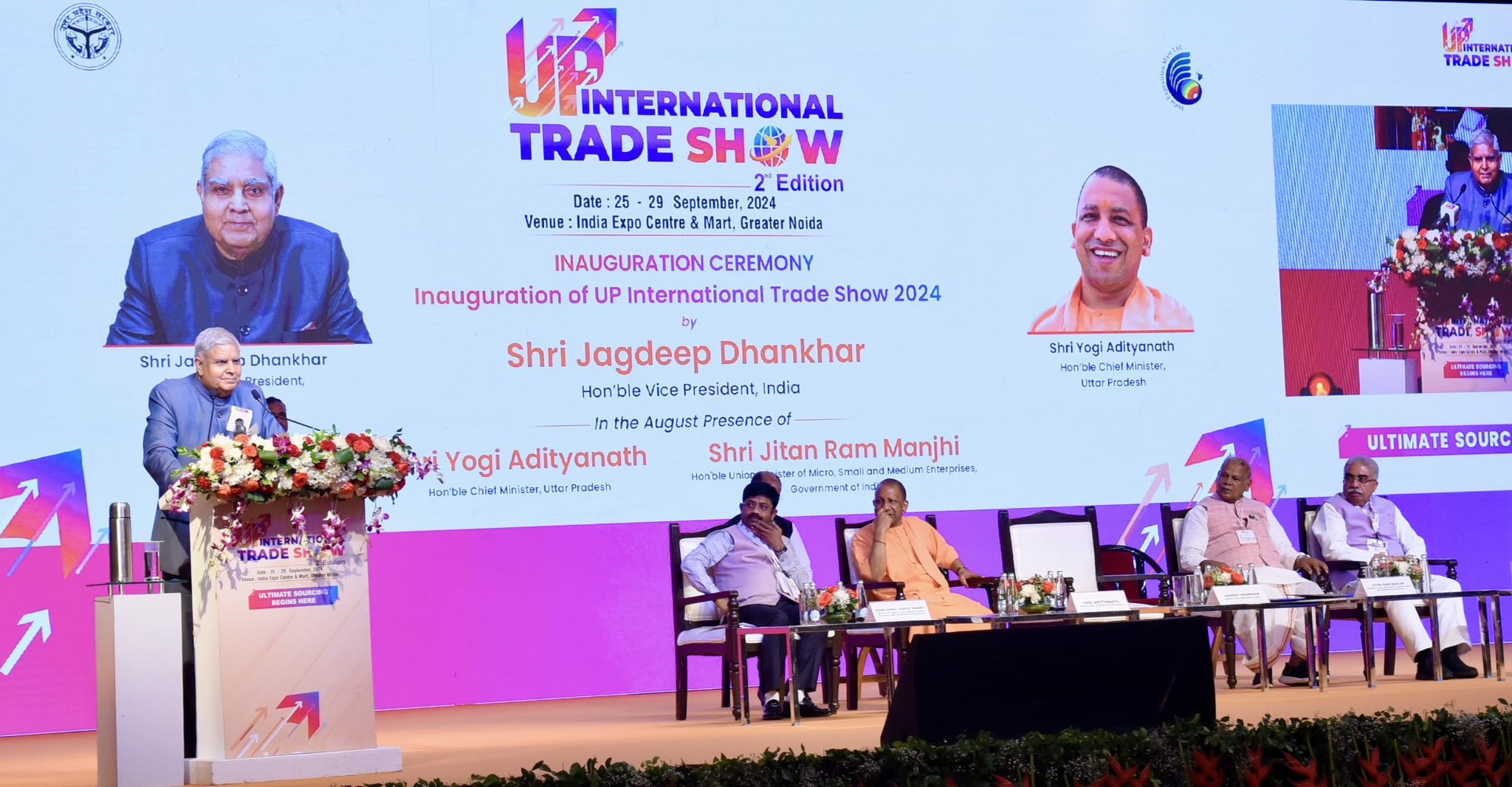 The Vice-President, Shri Jagdeep Dhankhar addressing the gathering at the inauguration ceremony of 2nd edition of "UP International Trade Show" at Gautam Buddha Nagar, Uttar Pradesh on September 25, 2024.