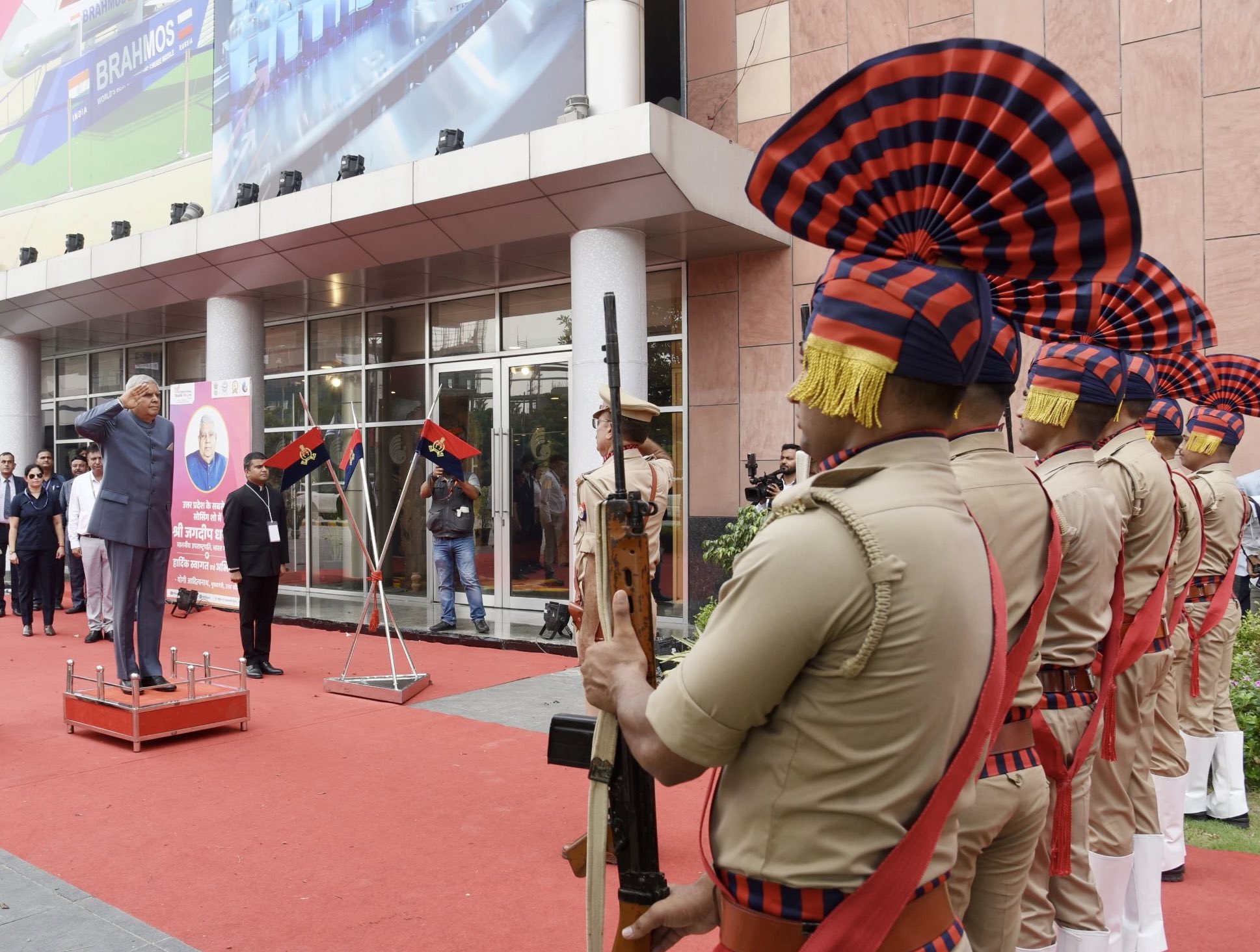 The Vice-President, Shri Jagdeep Dhankhar inspecting the Guard of Honour on his arrival at Gautam Buddha Nagar, Uttar Pradesh on September 25, 2024. 