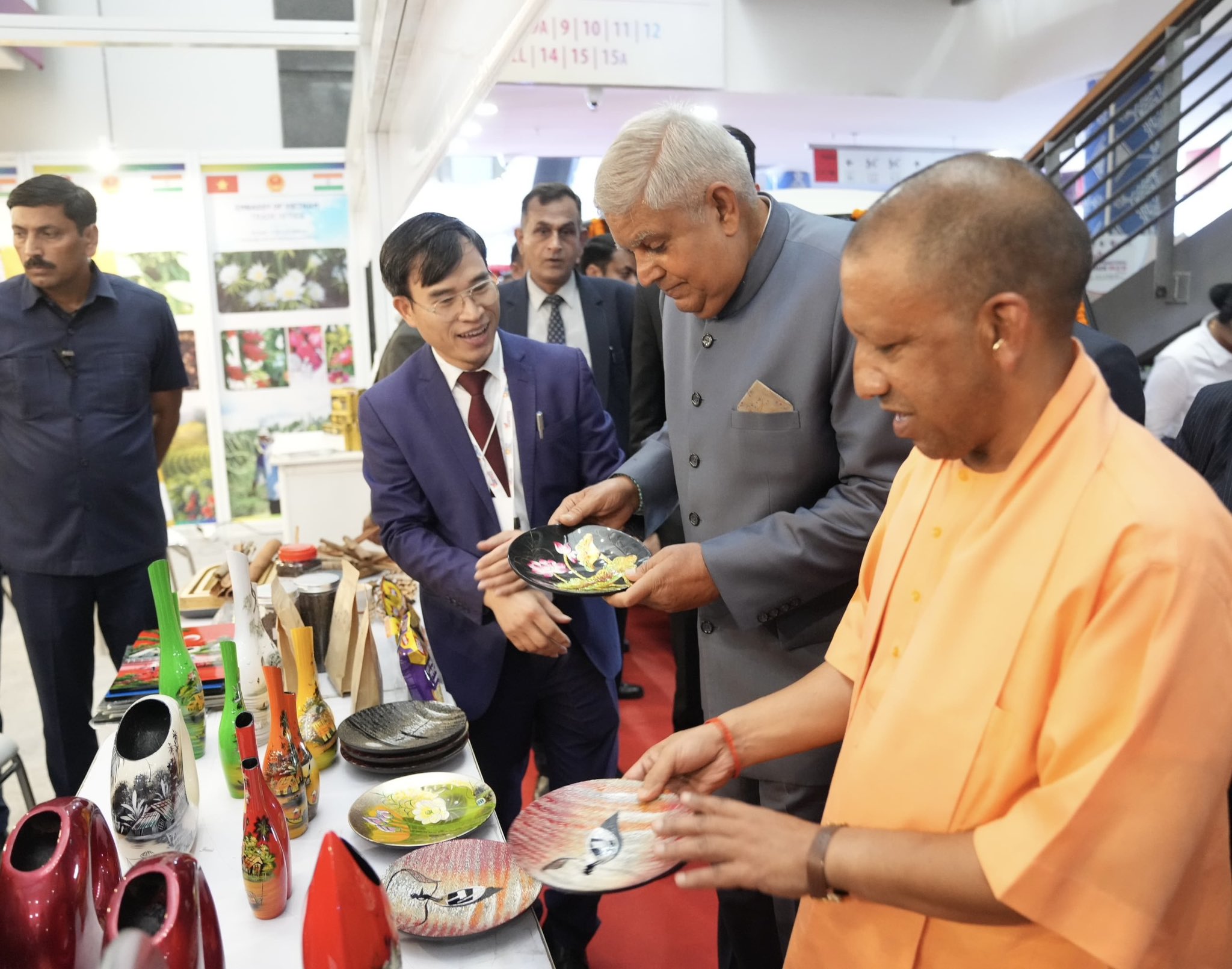 The Vice-President, Shri Jagdeep Dhankhar visiting the stalls of partner country, Vietnam at the 2nd edition of Uttar Pradesh International Trade Show at Gautam Buddha Nagar, Uttar Pradesh on September 25, 2024.