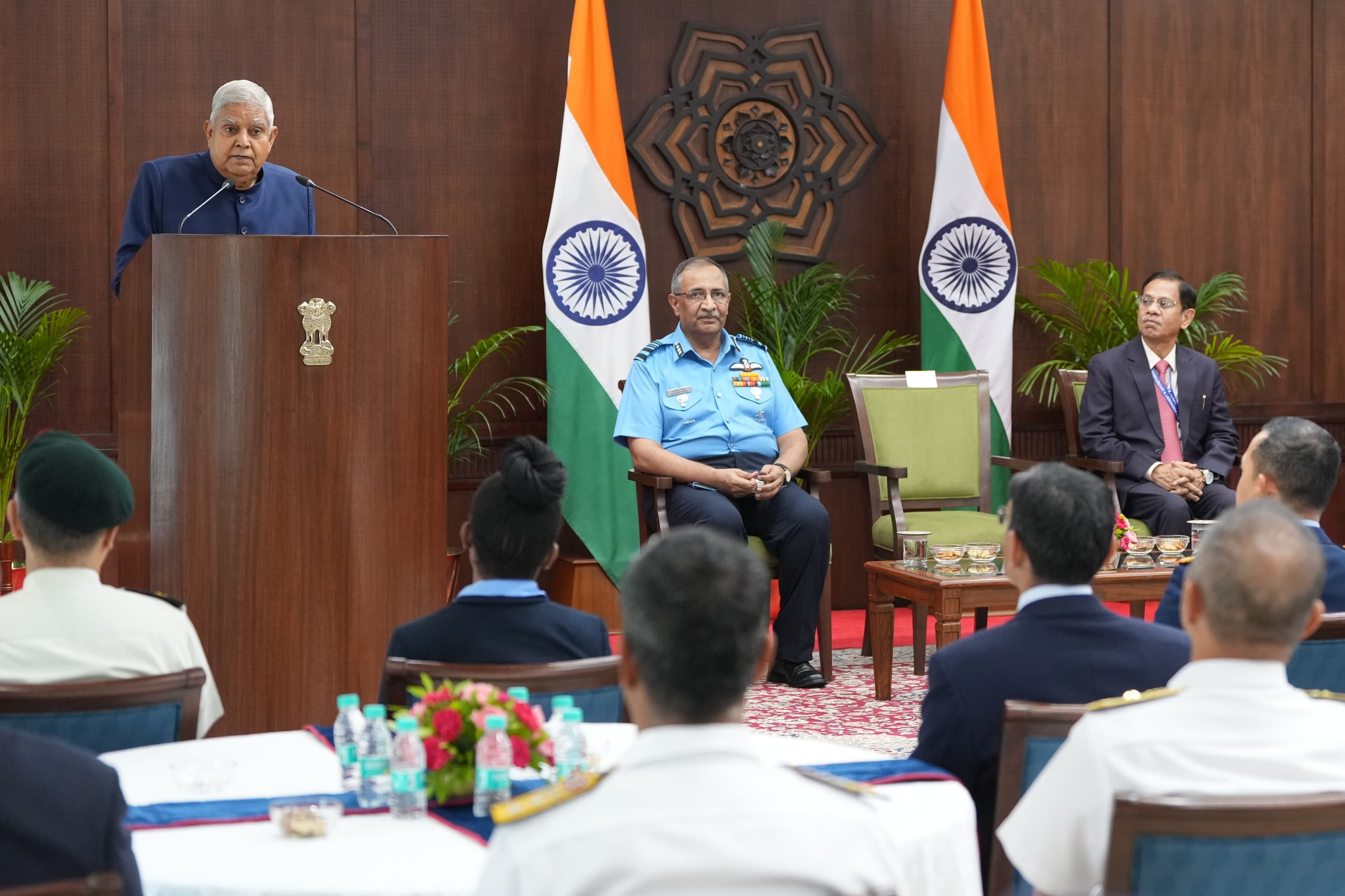 The Vice-President, Shri Jagdeep Dhankhar interacting with the delegates of the International Strategic Engagement Programme (IN-STEP) at Vice-President's Enclave in New Delhi on September 27, 2024.