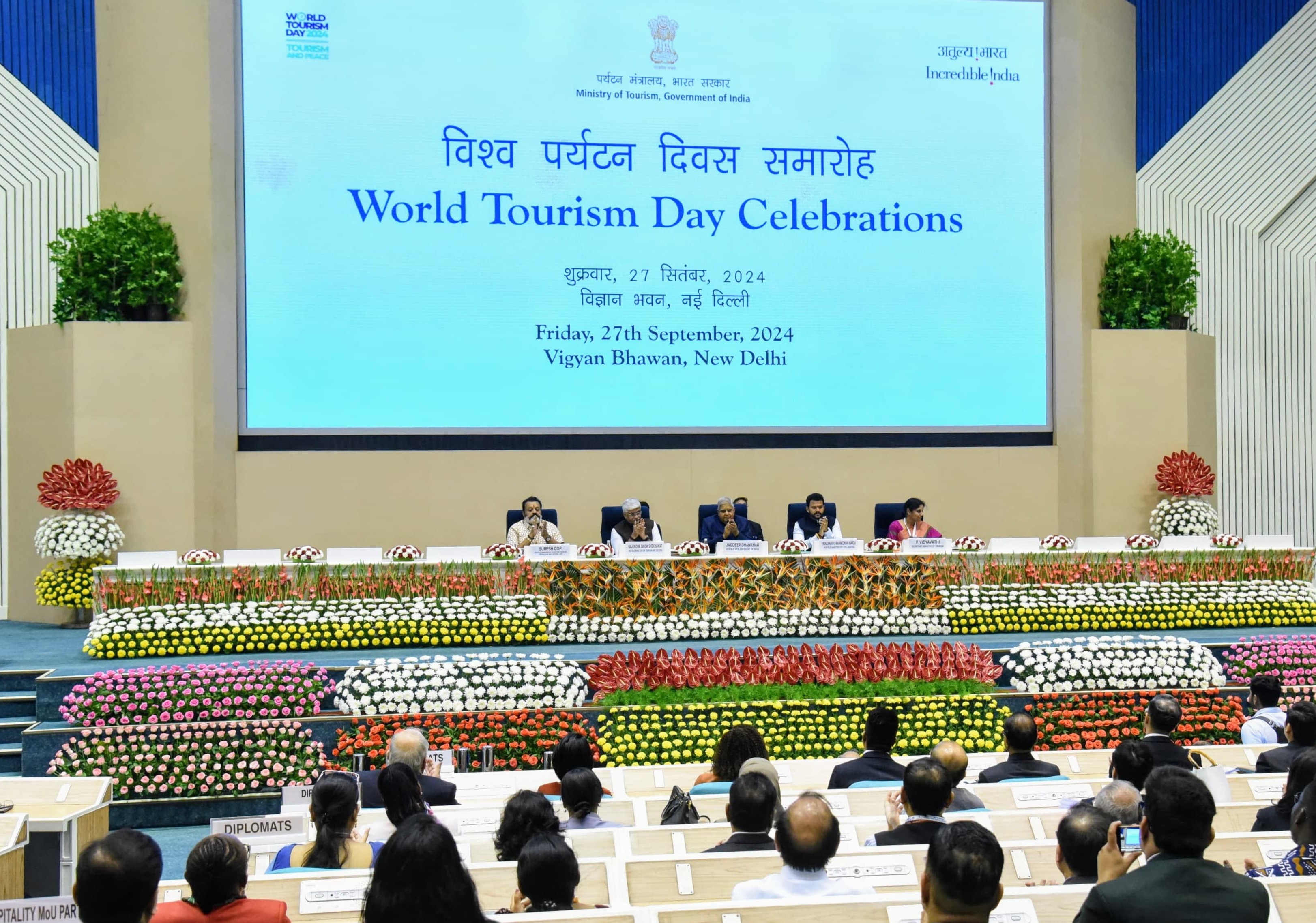 The Vice-President, Shri Jagdeep Dhankhar at the World Tourism Day celebrations in Vigyan Bhawan, New Delhi on September 27, 2024.