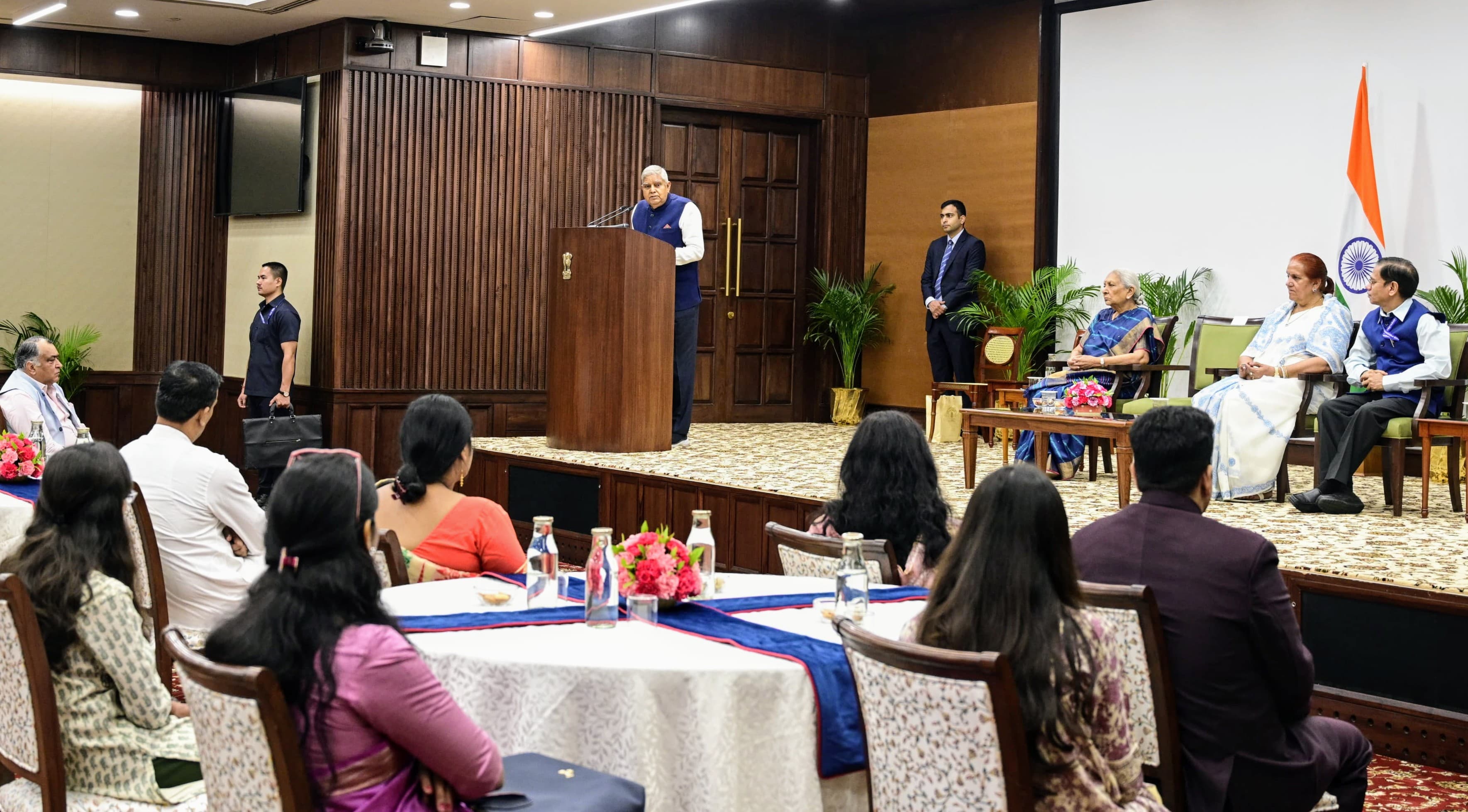 The Vice-President, Shri Jagdeep Dhankhar interacting with philanthropists and beneficiaries associated with 'YUVA Unstoppable' at Vice-President's Enclave, New Delhi on September 30, 2024. 