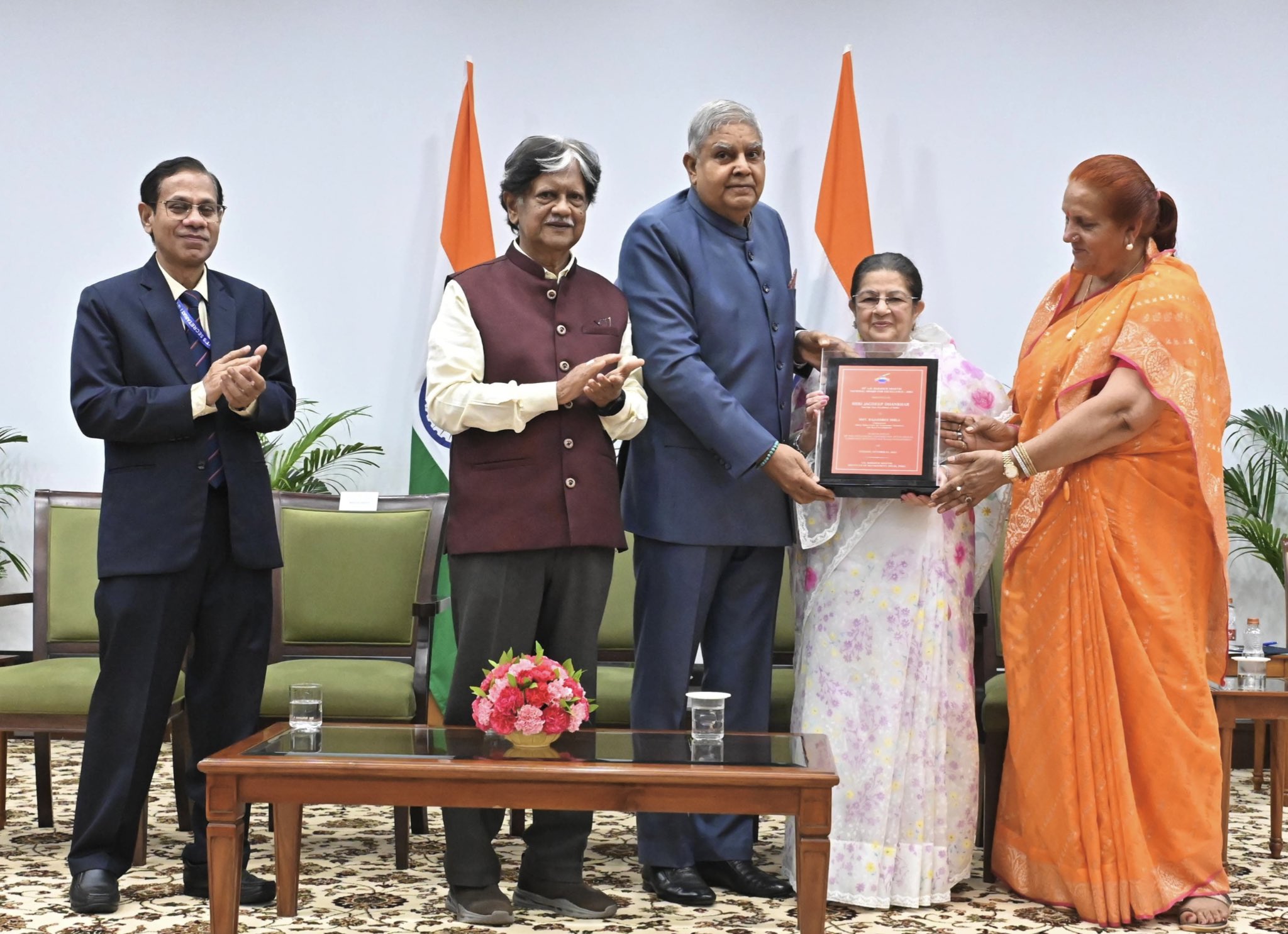 The Vice-President, Shri Jagdeep Dhankhar conferring 25th Lal Bahadur Shastri National Award for Excellence, 2024 to distinguished philanthropist, Smt. Rajashree Birla at Vice-President’s Enclave in New Delhi on October 1, 2024.