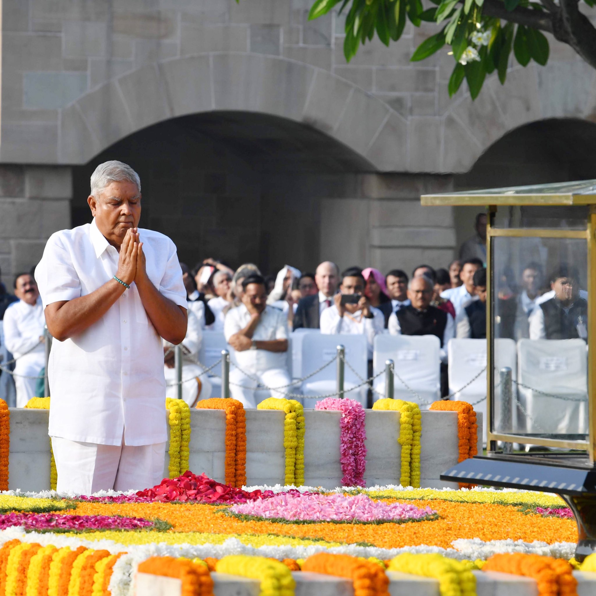 The Vice-President, Shri Jagdeep Dhankhar paying floral tributes to the Father of the Nation, Mahatma Gandhi on his birth anniversary at Rajghat in New Delhi on October 2, 2024.