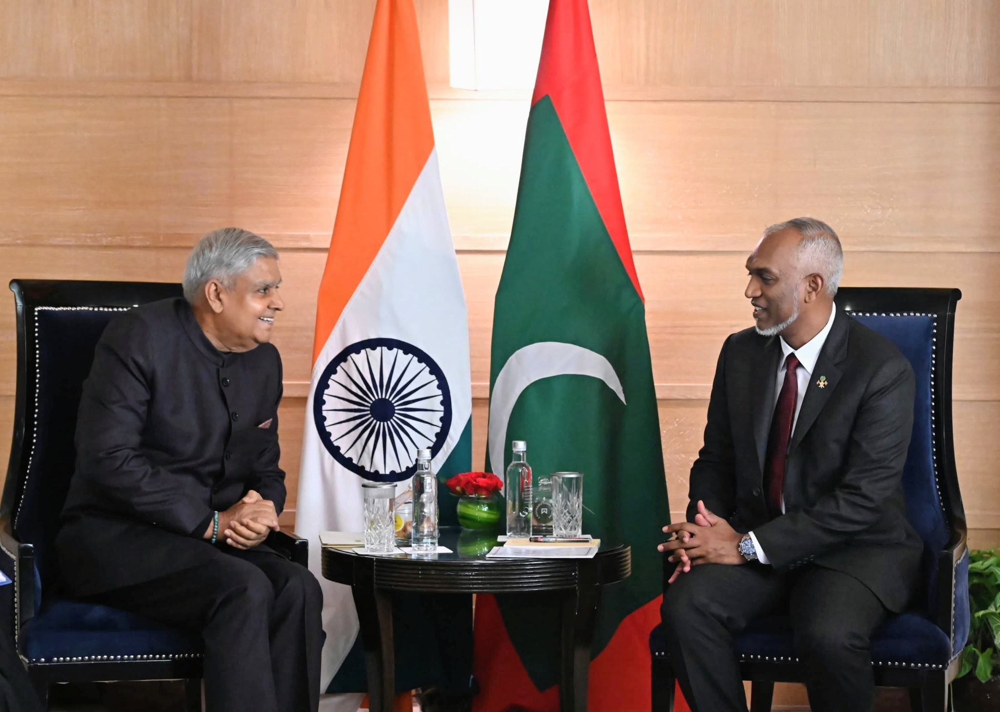 The Vice-President, Shri Jagdeep Dhankhar called on President of Maldives, Dr. Mohamed Muizzu in New Delhi on October 8, 2024.