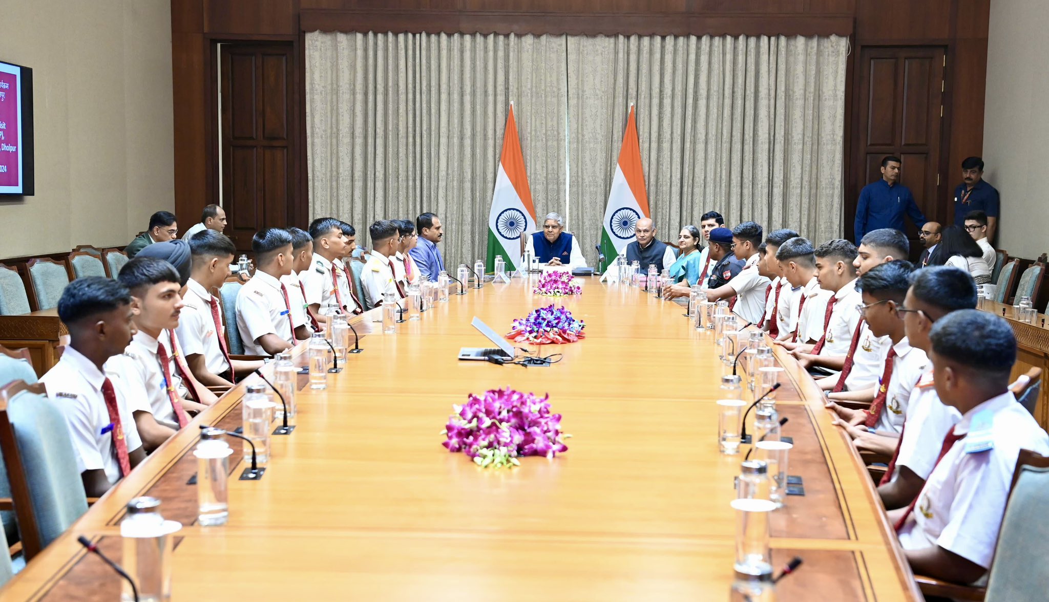 The Vice-President and Chairman, Rajya Sabha, Shri Jagdeep Dhankhar interacting with students & faculty members of Rashtriya Military School, Dholpur at Parliament House in New Delhi on October 8, 2024.