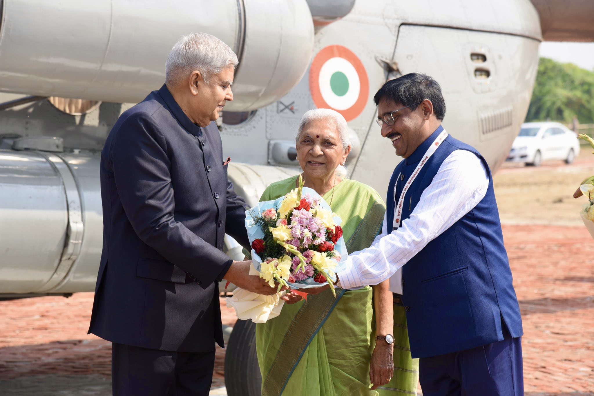 The Vice-President, Shri Jagdeep Dhankhar being welcomed by Smt. Anandiben Patel, Governor of Uttar Pradesh, along with other dignitaries on his arrival in Aligarh, Uttar Pradesh on October 21, 2024.