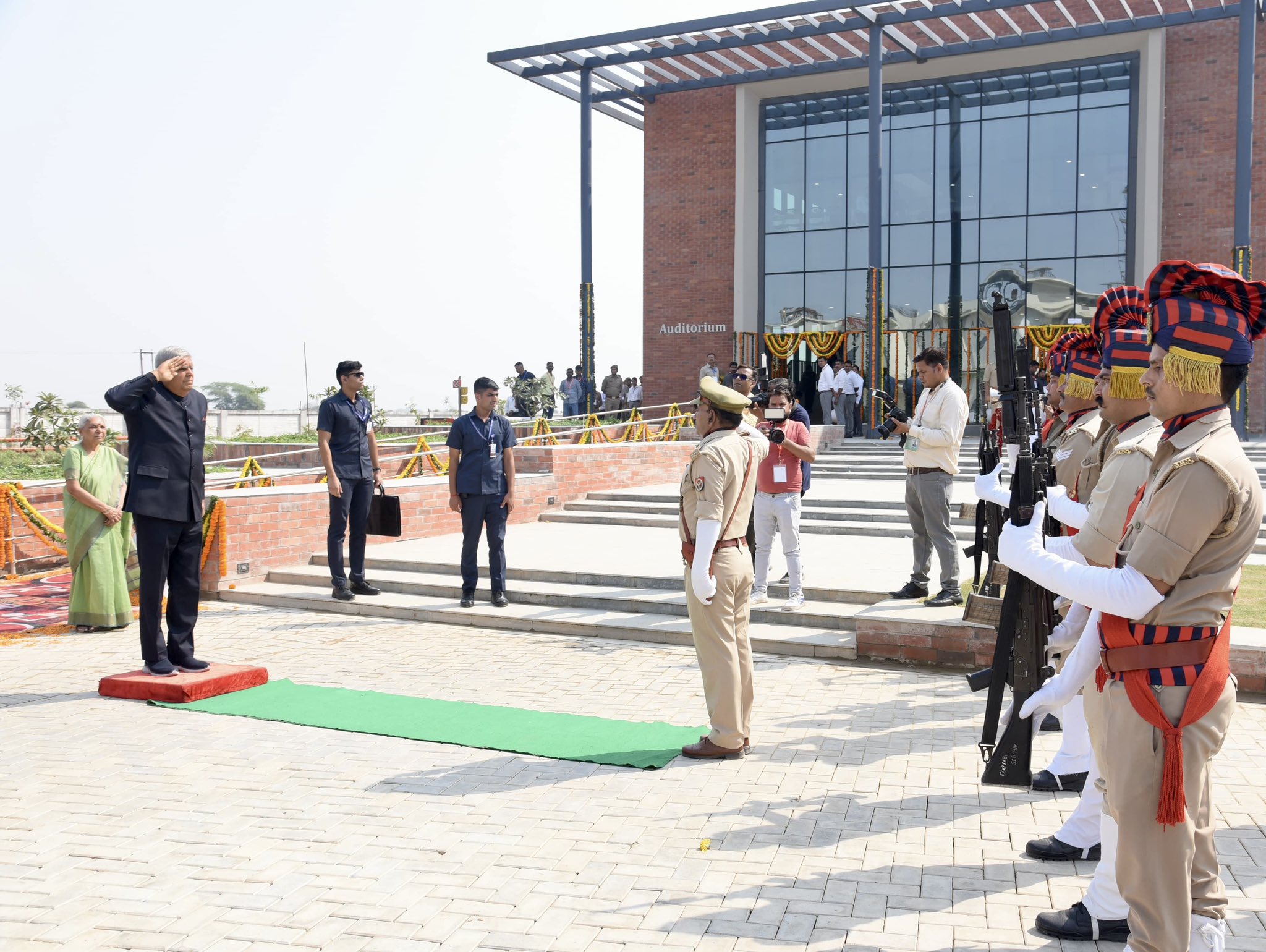 The Vice-President, Shri Jagdeep Dhankhar inspecting the Guard of Honour on his arrival in Aligarh, Uttar Pradesh on October 21, 2024.